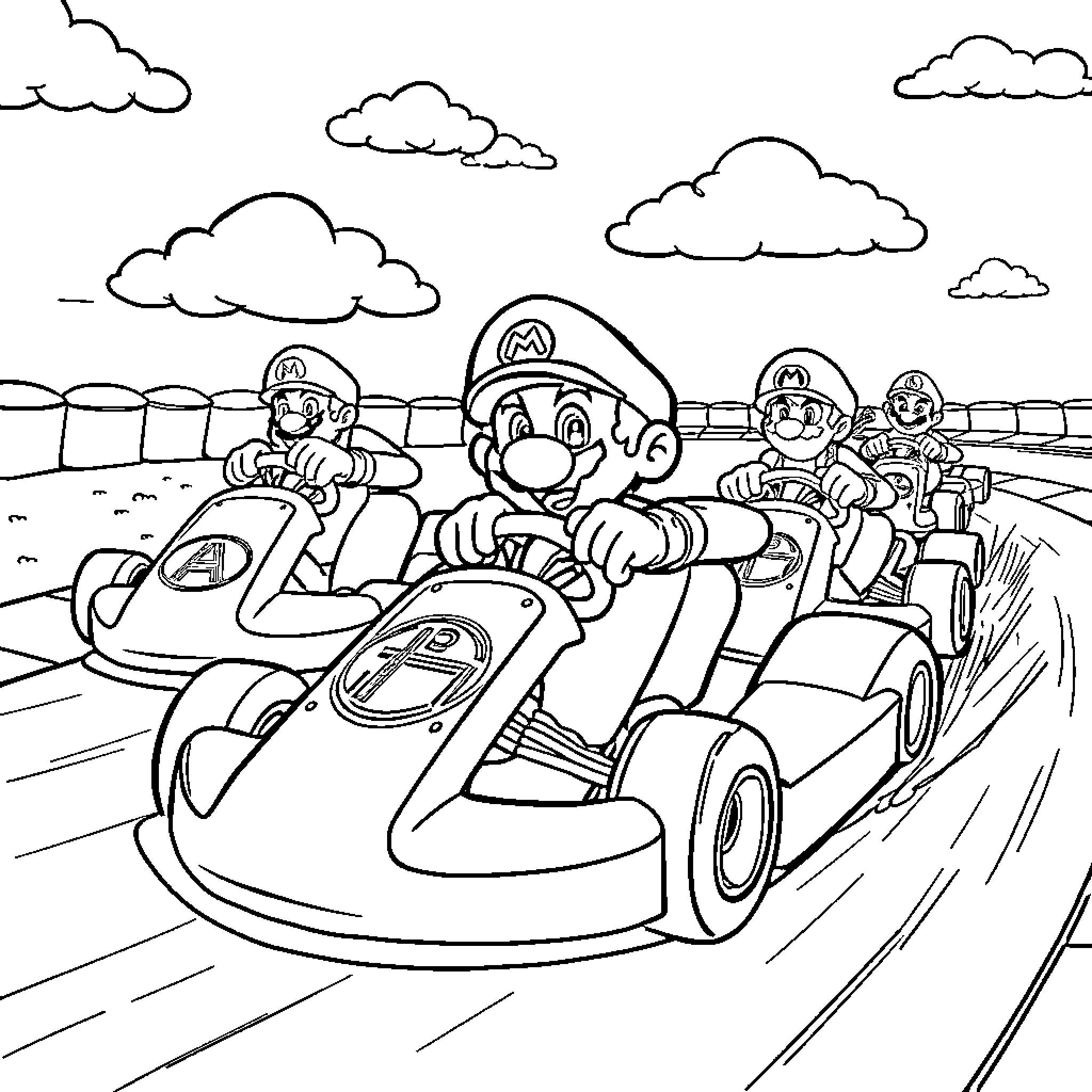 Mario Kart characters racing on the track Coloring Page (free black-and-white line drawing printable PDF for all, from beginners to advanced learners, including children, teens, adults, and seniors)