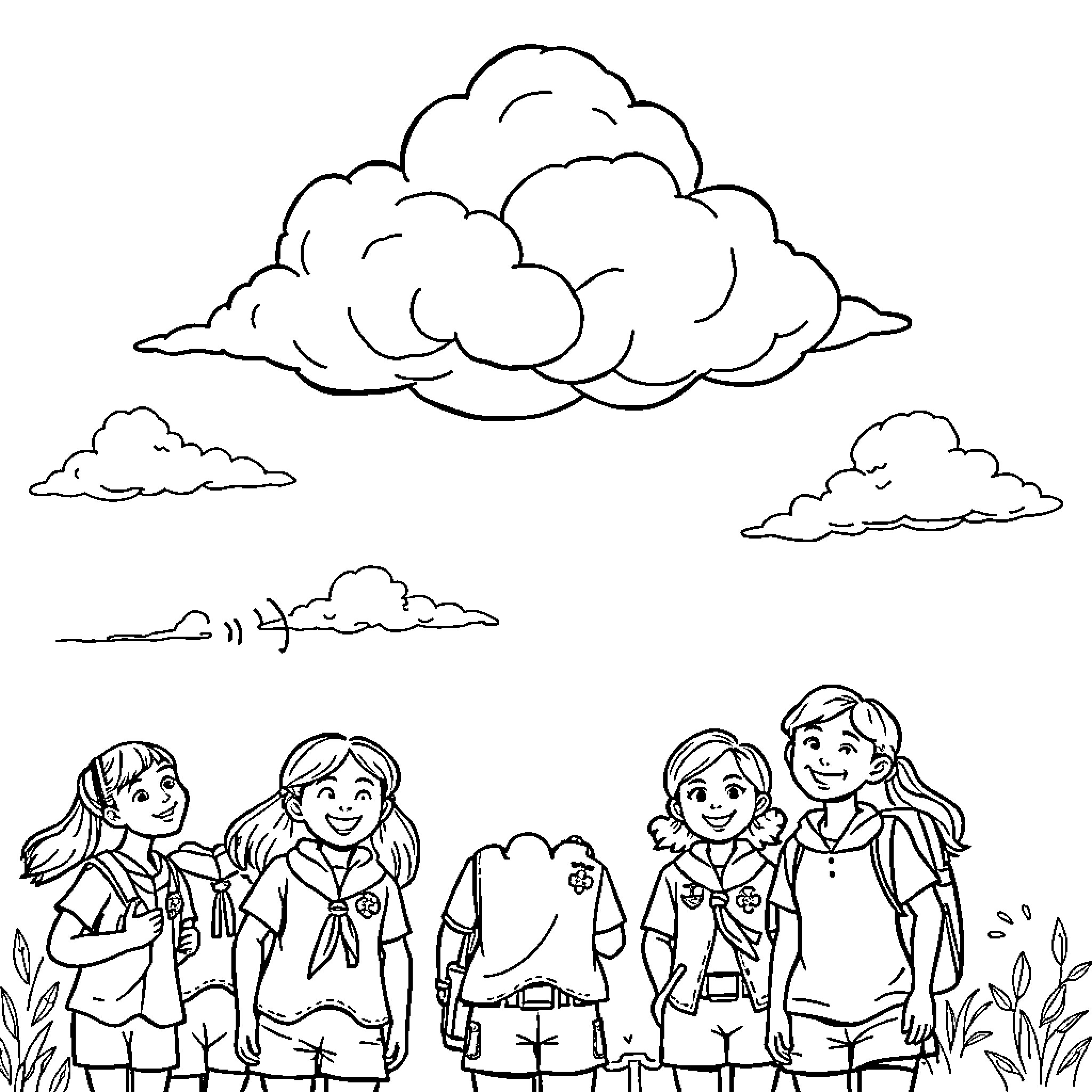 Girl Scouts enjoying outdoor adventure Coloring Page (free black-and-white line drawing printable PDF for all, from beginners to advanced learners, including children, teens, adults, and seniors)