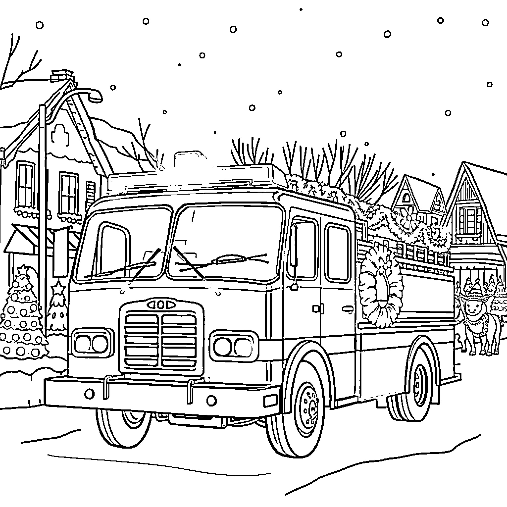 Firetruck responding to an emergency call in a snowy village Coloring Page (free black-and-white line drawing printable PDF for all, from beginners to advanced learners, including children, teens, adults, and seniors)