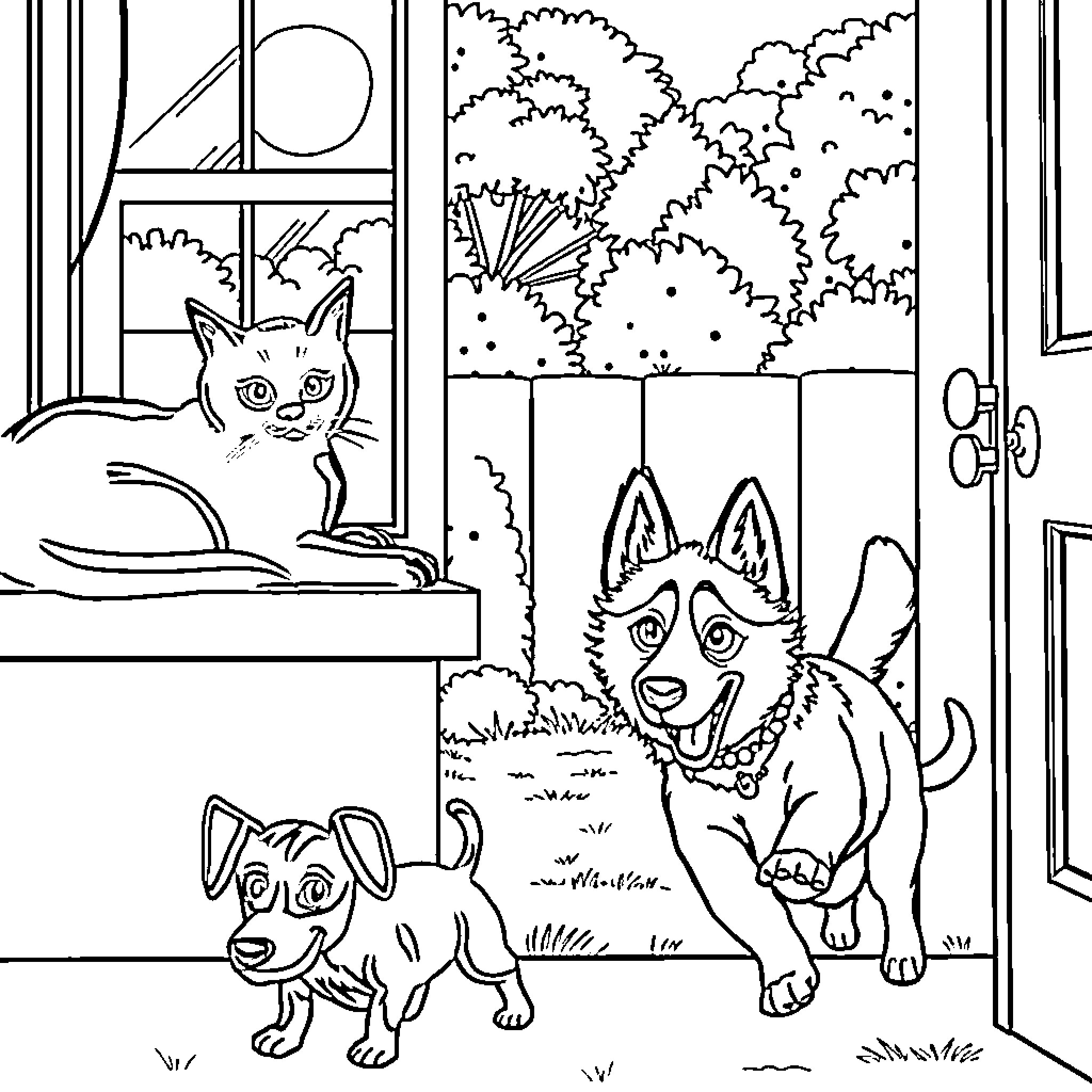 Cat and dog watching through the window Coloring Page (free black-and-white line drawing printable PDF for all, from beginners to advanced learners, including children, teens, adults, and seniors)