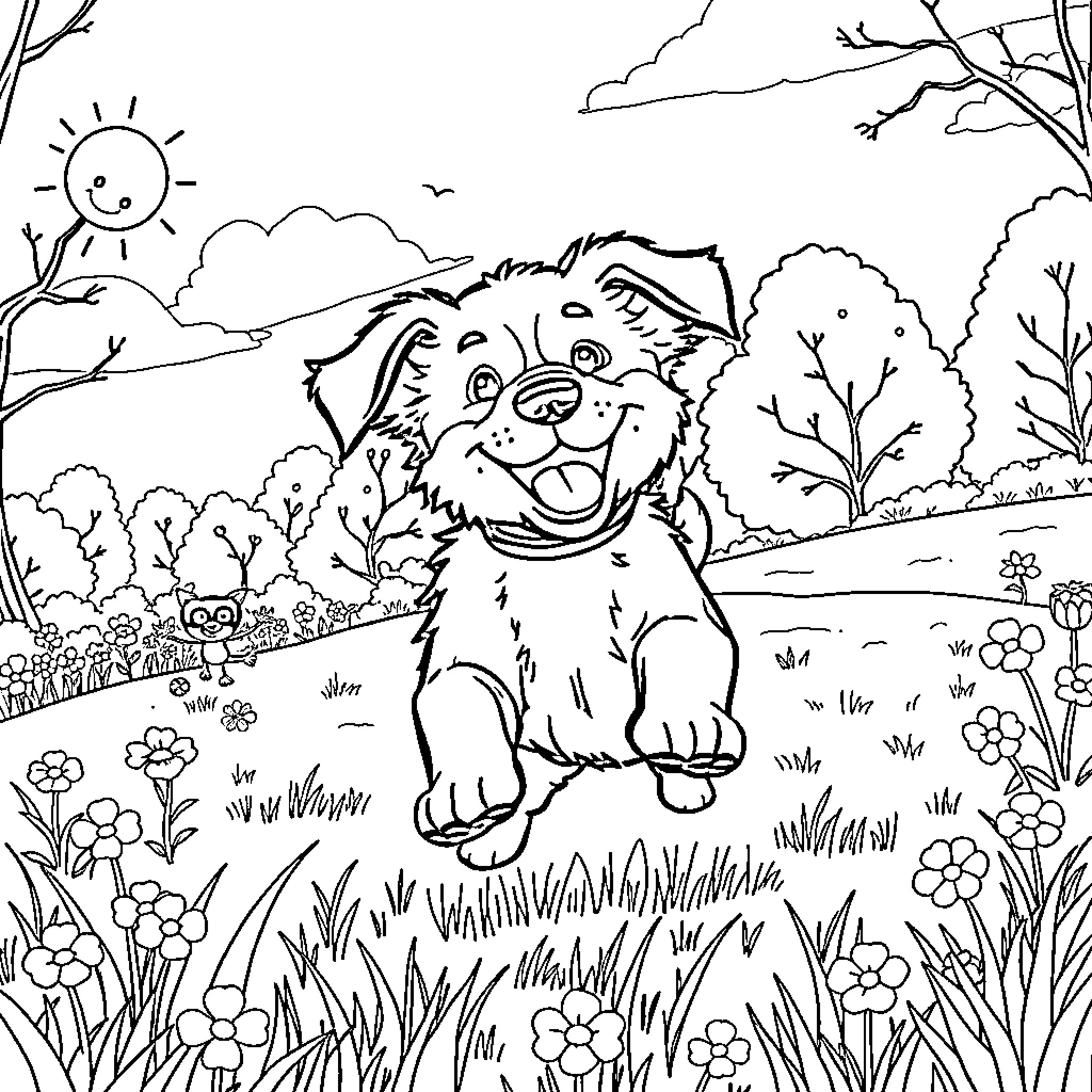 Puppy frolicking in a scenic outdoor field Coloring Page (free black-and-white line drawing printable PDF for all, from beginners to advanced learners, including children, teens, adults, and seniors)