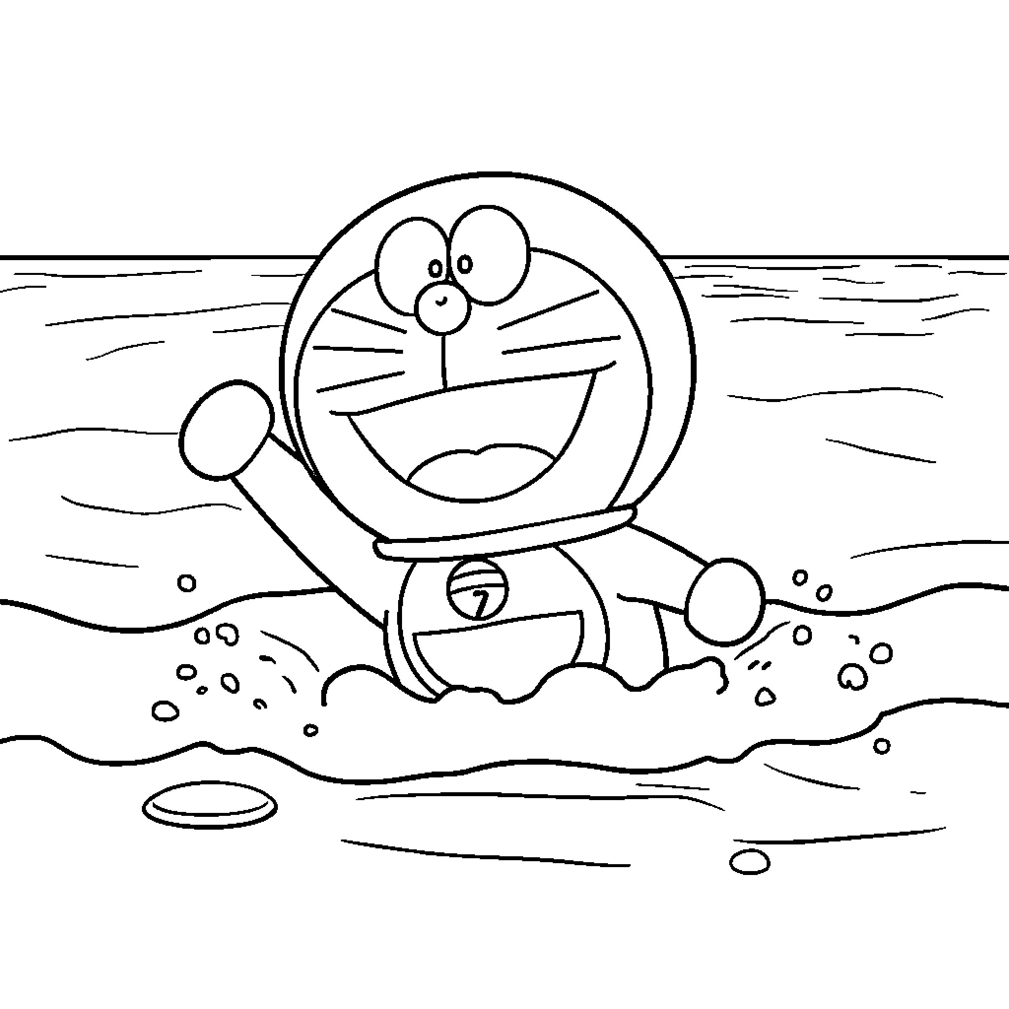 Doraemon relaxing in the water Coloring Page (free black-and-white line drawing printable PDF for all, from beginners to advanced learners, including children, teens, adults, and seniors)