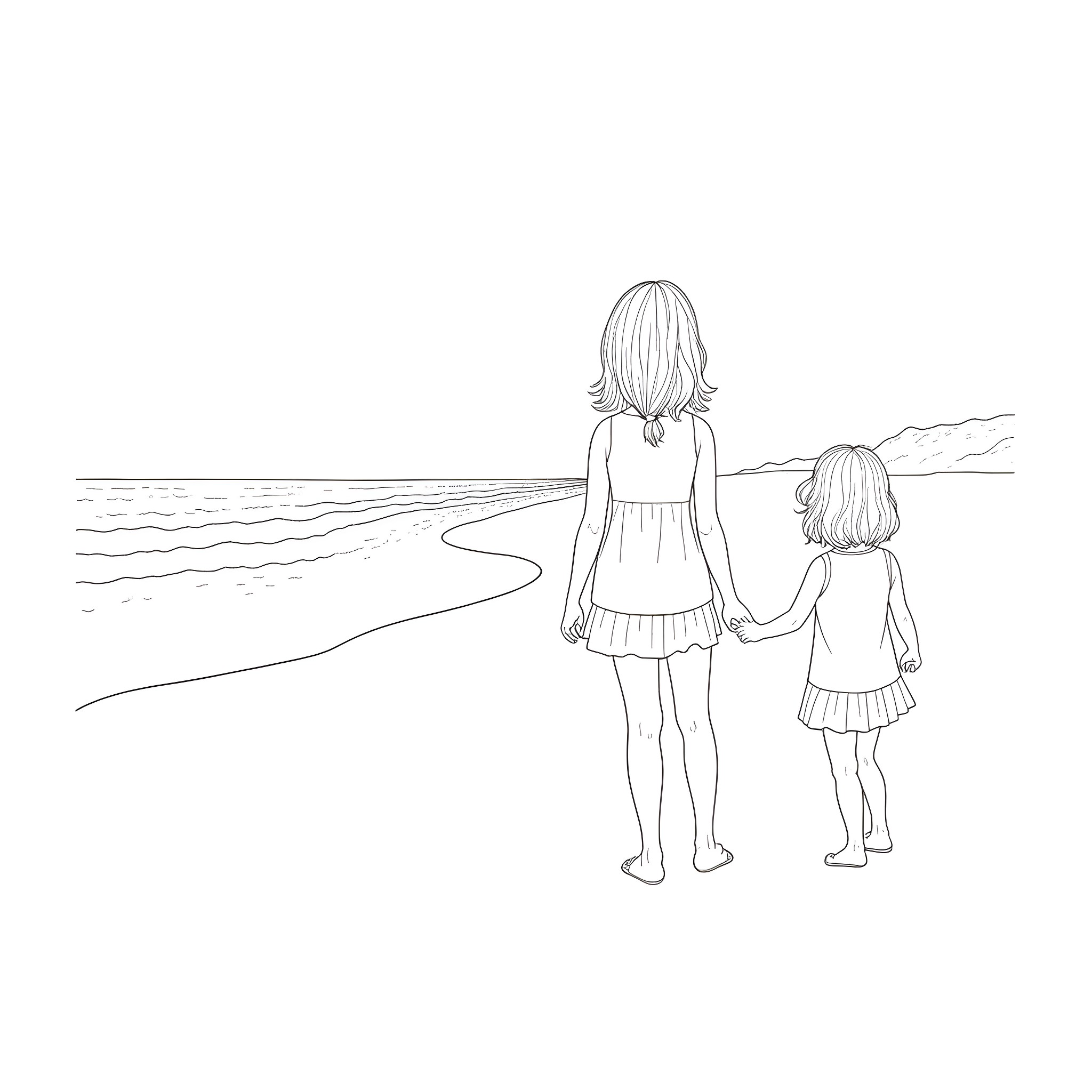 Sister's Tender Embrace on the Beach Coloring Page (free black-and-white line drawing printable PDF for all, from beginners to advanced learners, including children, teens, adults, and seniors)