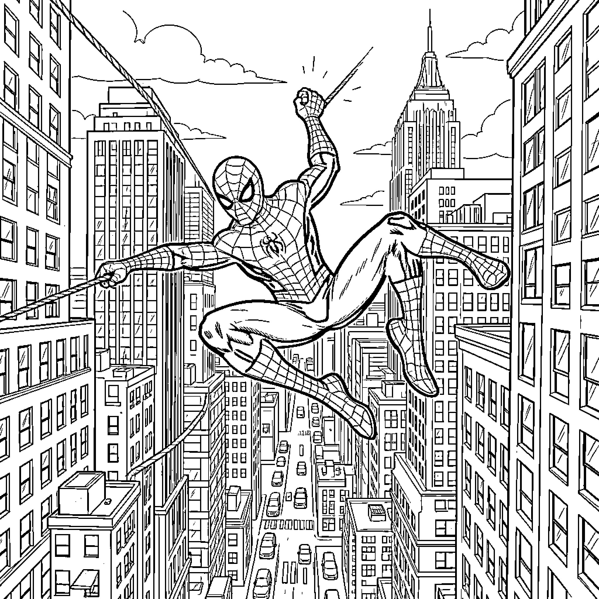 Spider-Man swinging through skyscrapers in a city Coloring Page (free black-and-white line drawing printable PDF for all, from beginners to advanced learners, including children, teens, adults, and seniors)