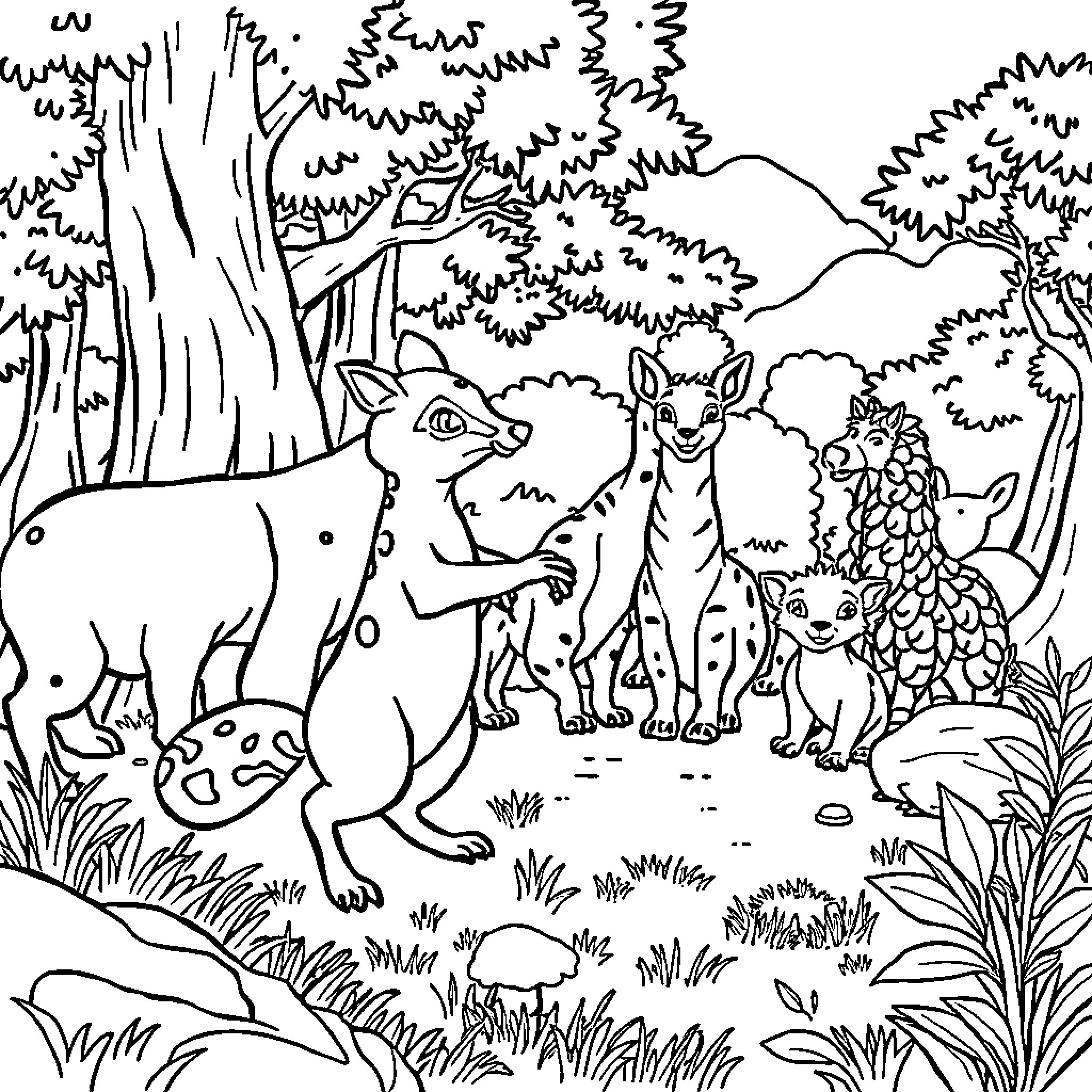 Hedgehog playing with forest animals Coloring Page (free black-and-white line drawing printable PDF for all, from beginners to advanced learners, including children, teens, adults, and seniors)