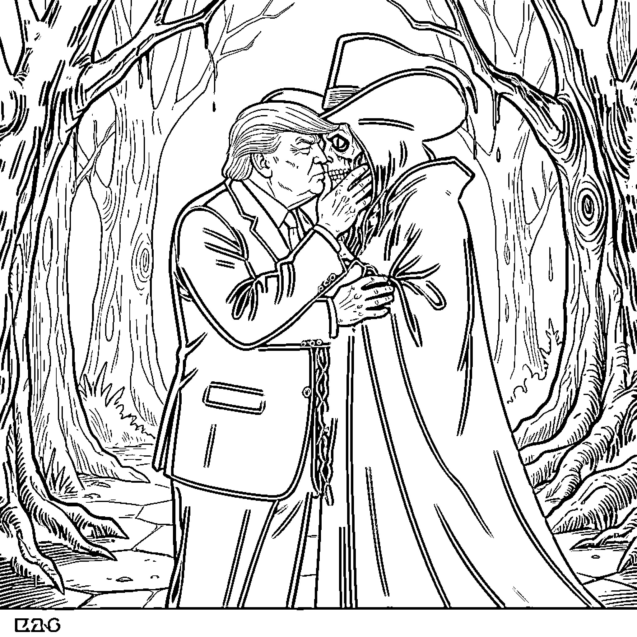 Trump in a Mysterious Embrace Coloring Page (free black-and-white line drawing printable PDF for all, from beginners to advanced learners, including children, teens, adults, and seniors)