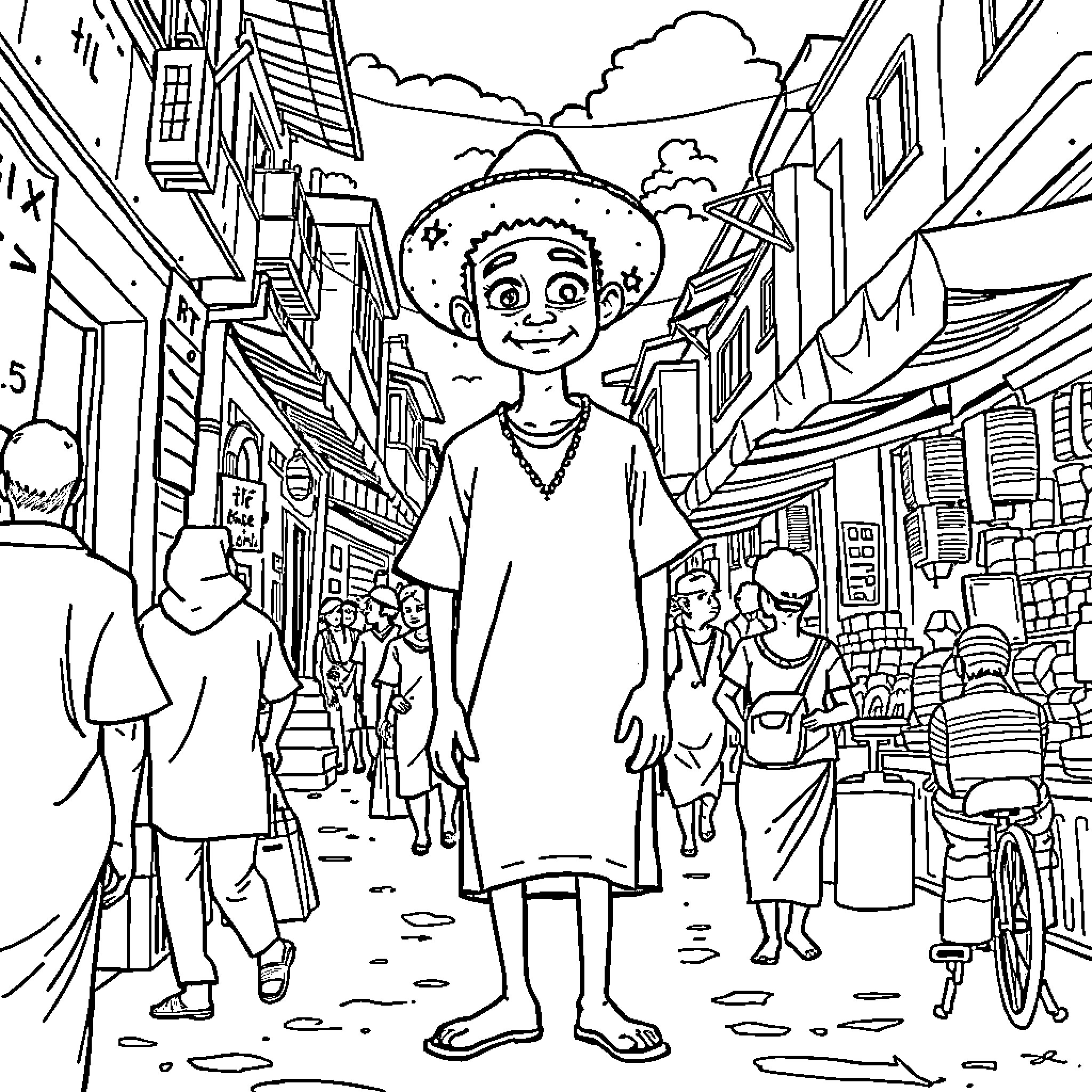 Zoro smiling while walking through a busy street Coloring Page (free black-and-white line drawing printable PDF for all, from beginners to advanced learners, including children, teens, adults, and seniors)
