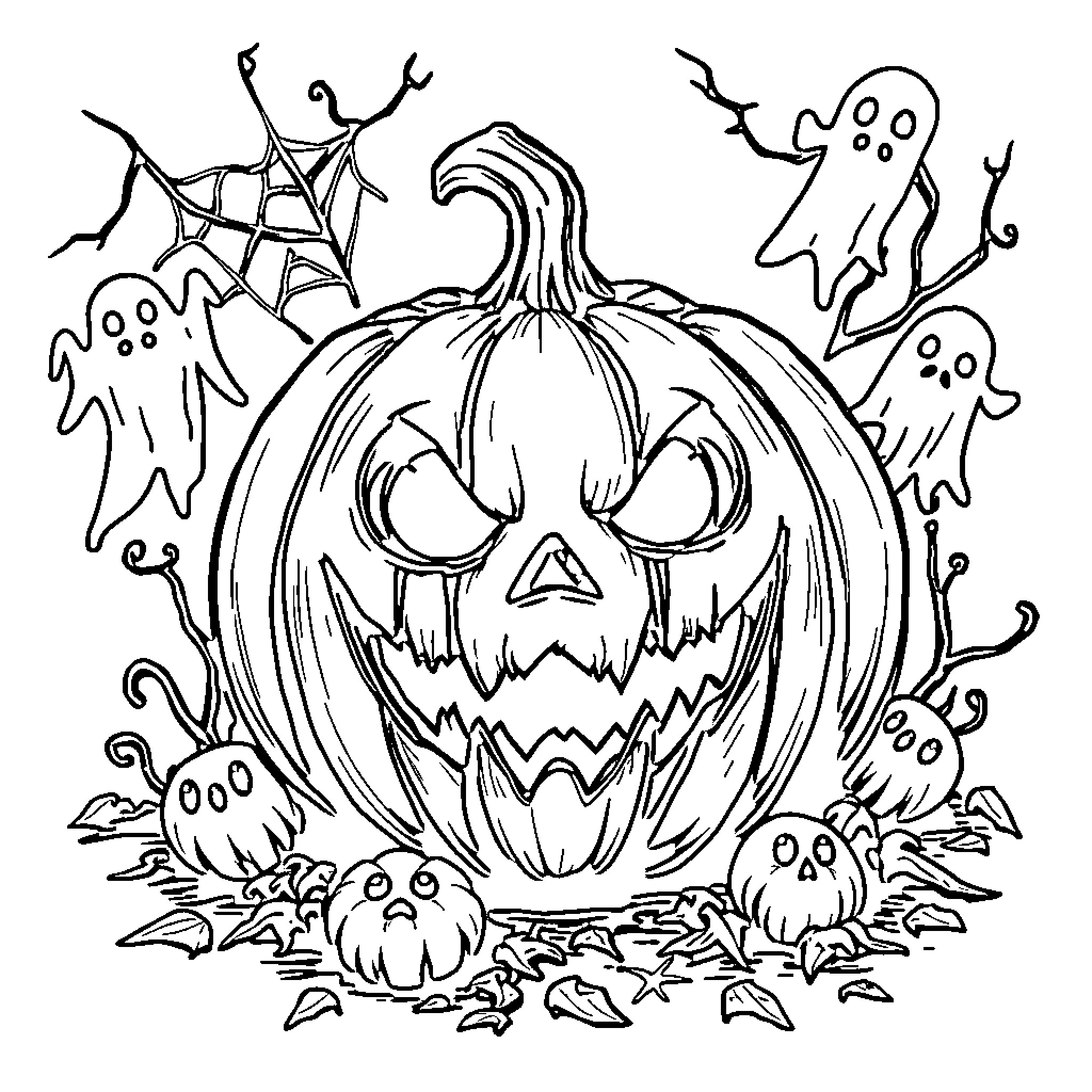 Pumpkin Patch with Ghostly Figures Coloring Page (free black-and-white line drawing printable PDF for all, from beginners to advanced learners, including children, teens, adults, and seniors)