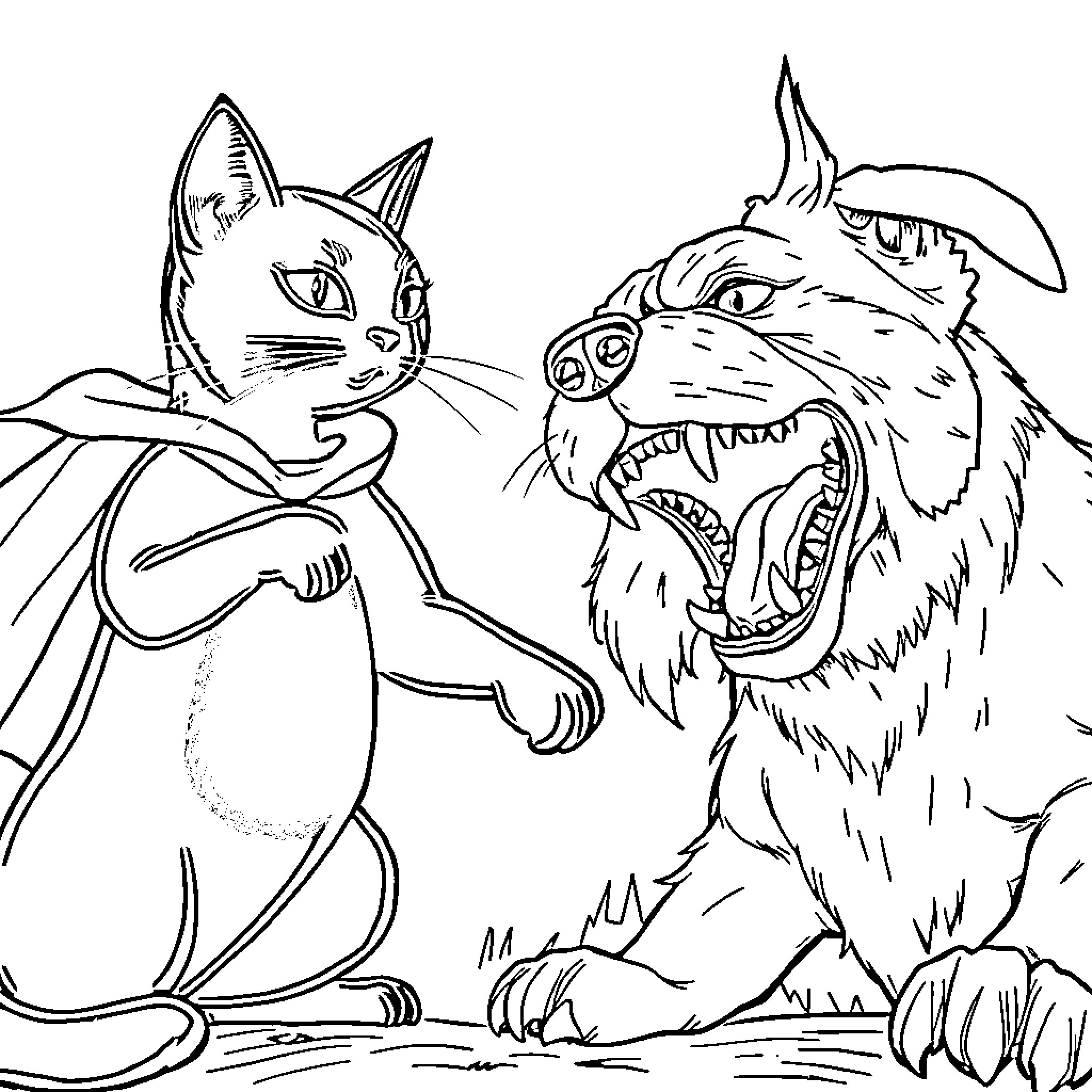 Cat confronting ferocious wolf Coloring Page (free black-and-white line drawing printable PDF for all, from beginners to advanced learners, including children, teens, adults, and seniors)