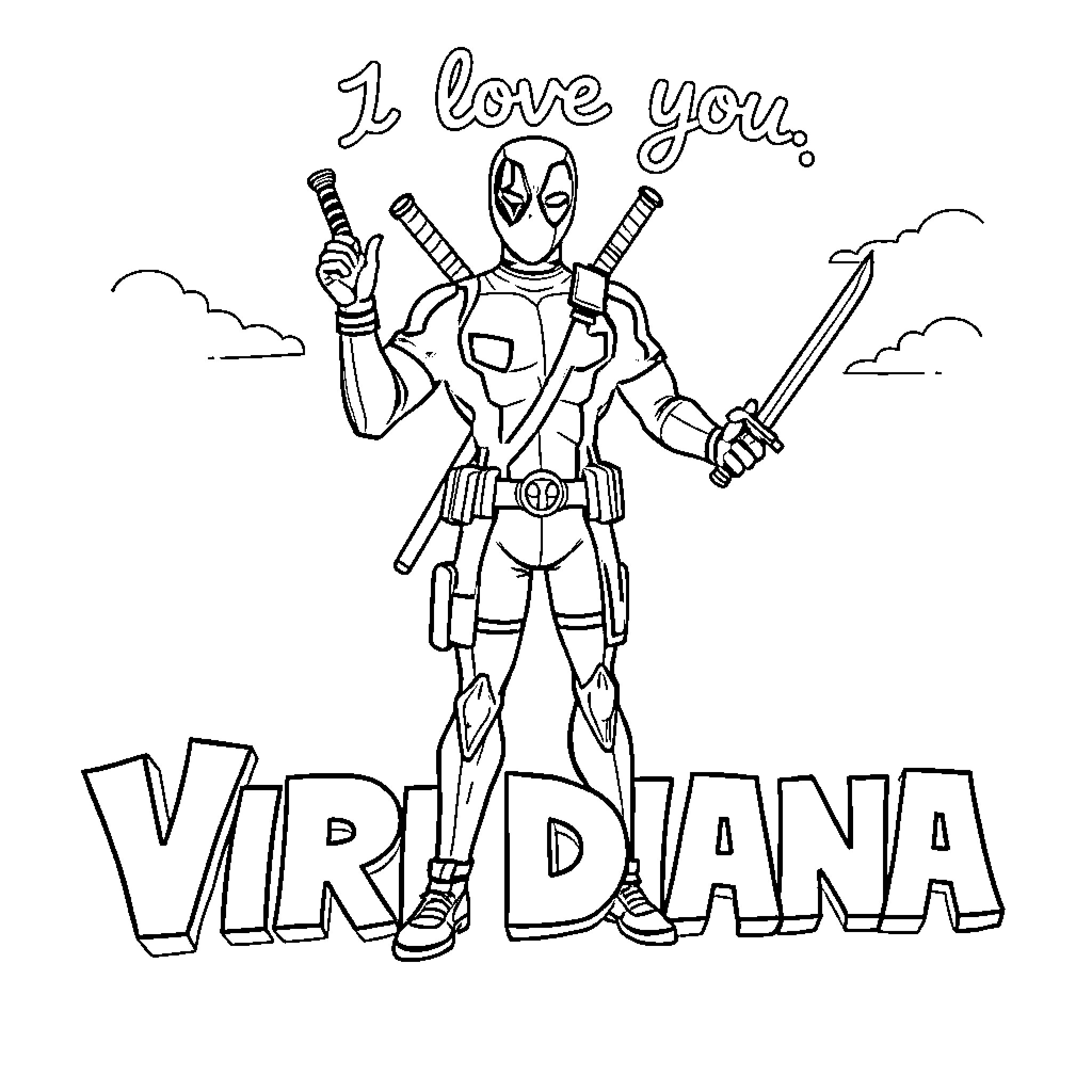 Deadpool expressing love and wielding weapons Coloring Page (free black-and-white line drawing printable PDF for all, from beginners to advanced learners, including children, teens, adults, and seniors)