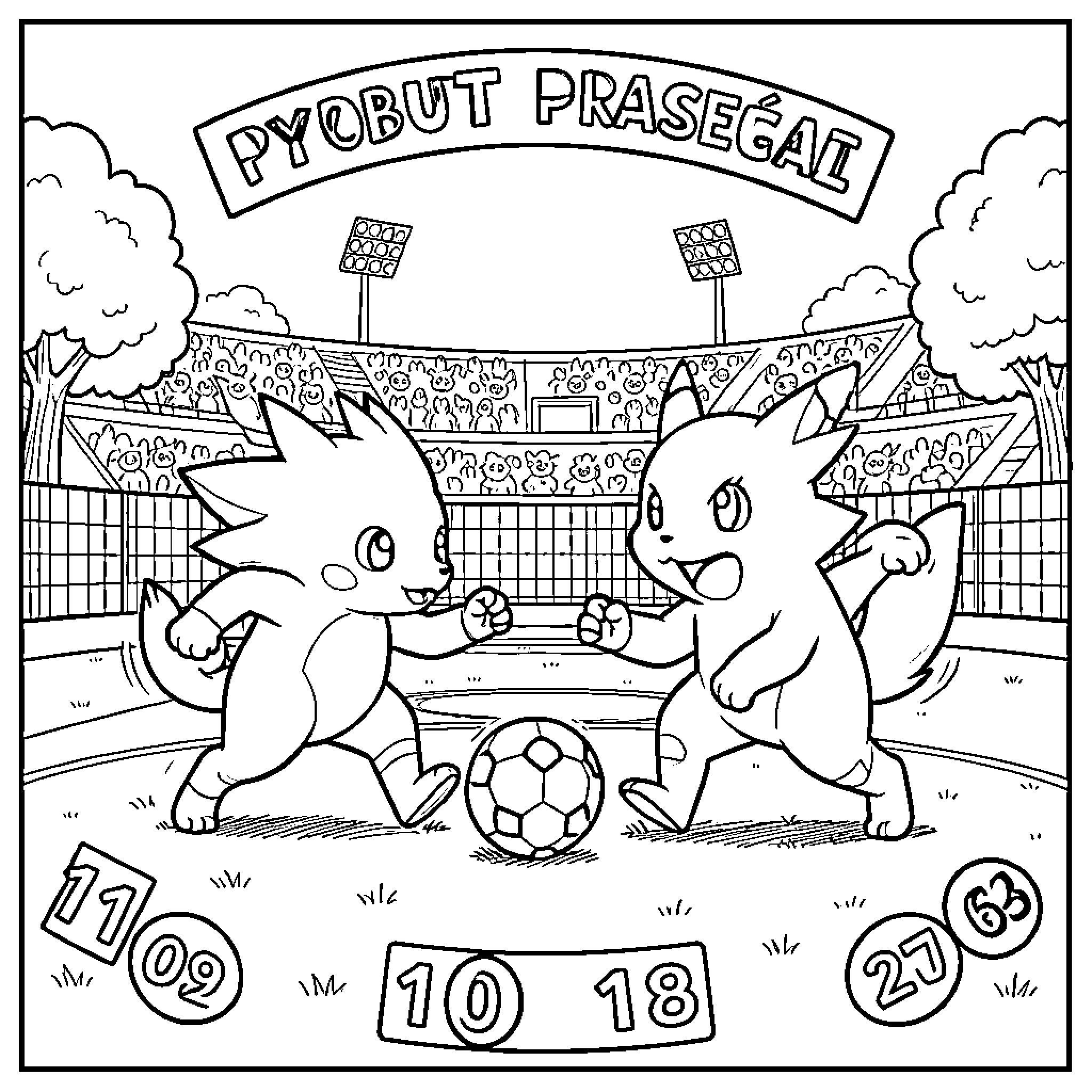 Pokémon playing soccer in a crowded stadium Coloring Page (free black-and-white line drawing printable PDF for all, from beginners to advanced learners, including children, teens, adults, and seniors)