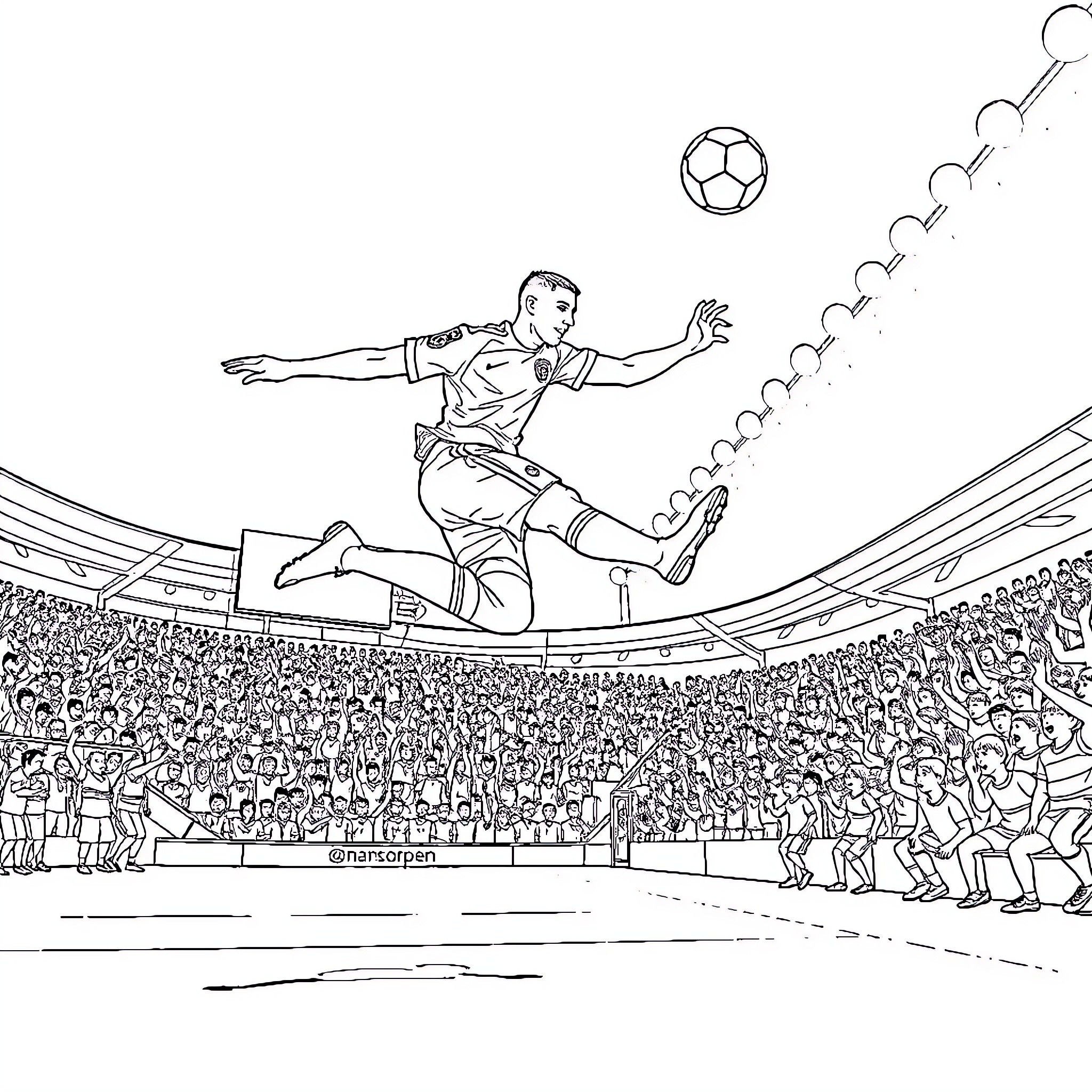 Soccer Player Kicking Ball in Dramatic Stadium Scene Coloring Page (free black-and-white line drawing printable PDF for all, from beginners to advanced learners, including children, teens, adults, and seniors)
