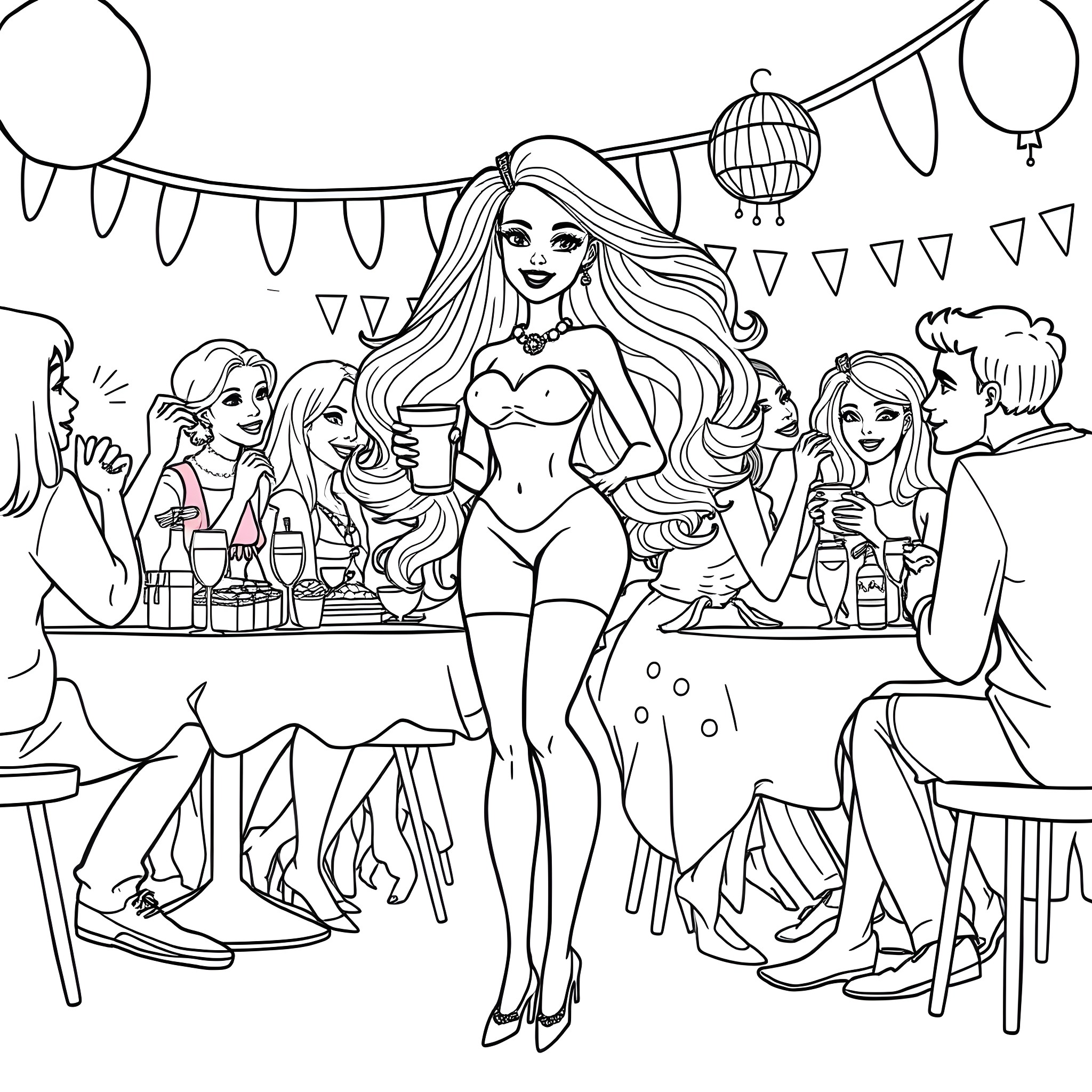 Barbie hosting a party with friends Coloring Page (free black-and-white line drawing printable PDF for all, from beginners to advanced learners, including children, teens, adults, and seniors)