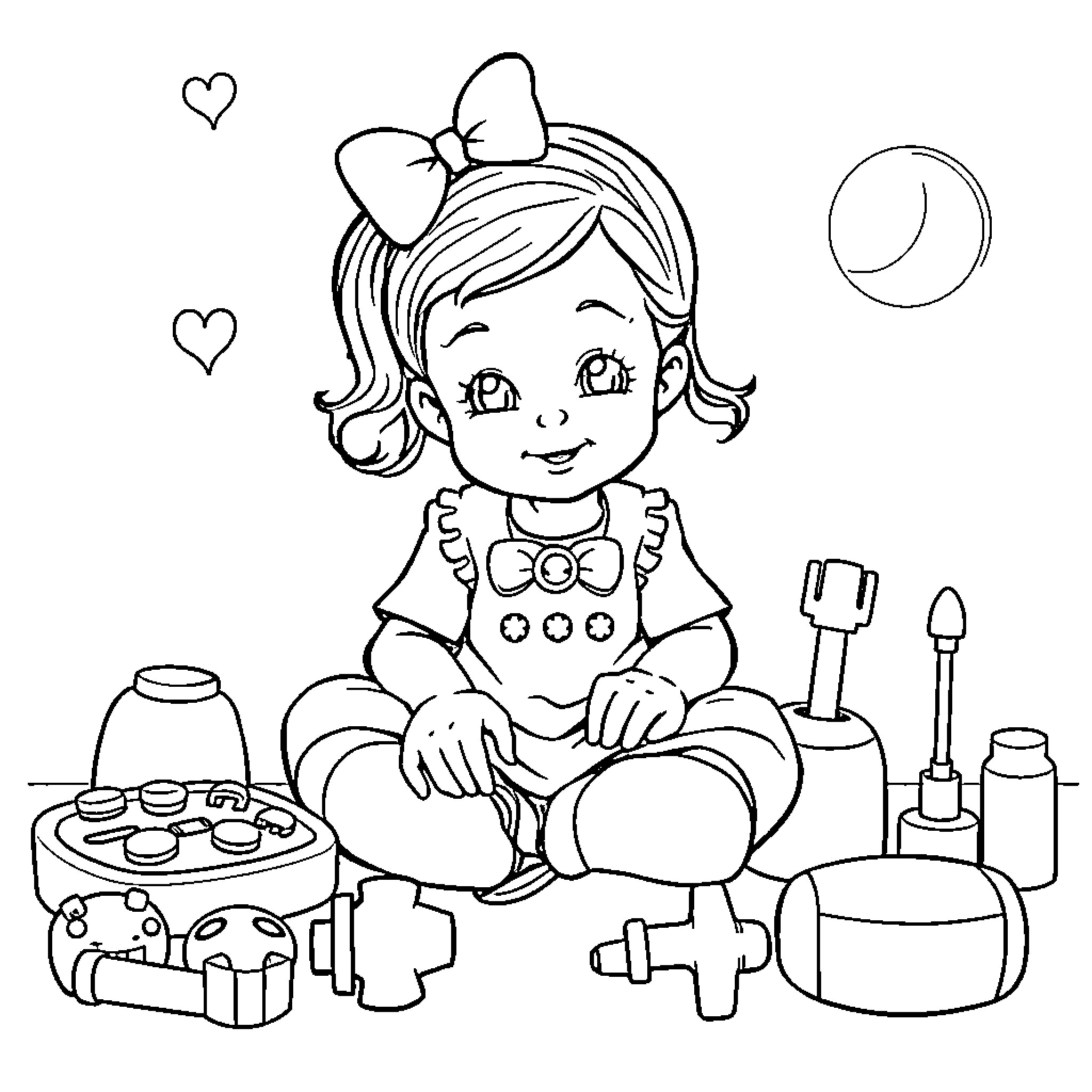 Girl playing with toys in her room Coloring Page (free black-and-white line drawing printable PDF for all, from beginners to advanced learners, including children, teens, adults, and seniors)