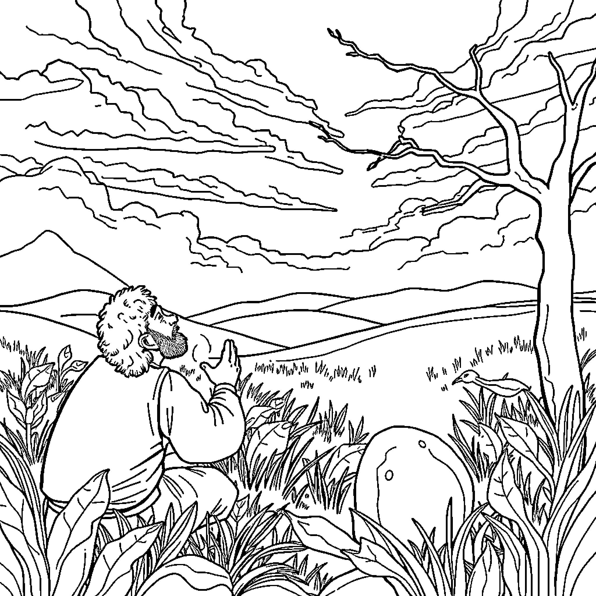 Prodigal Son embracing the wild in a stormy landscape Coloring Page (free black-and-white line drawing printable PDF for all, from beginners to advanced learners, including children, teens, adults, and seniors)