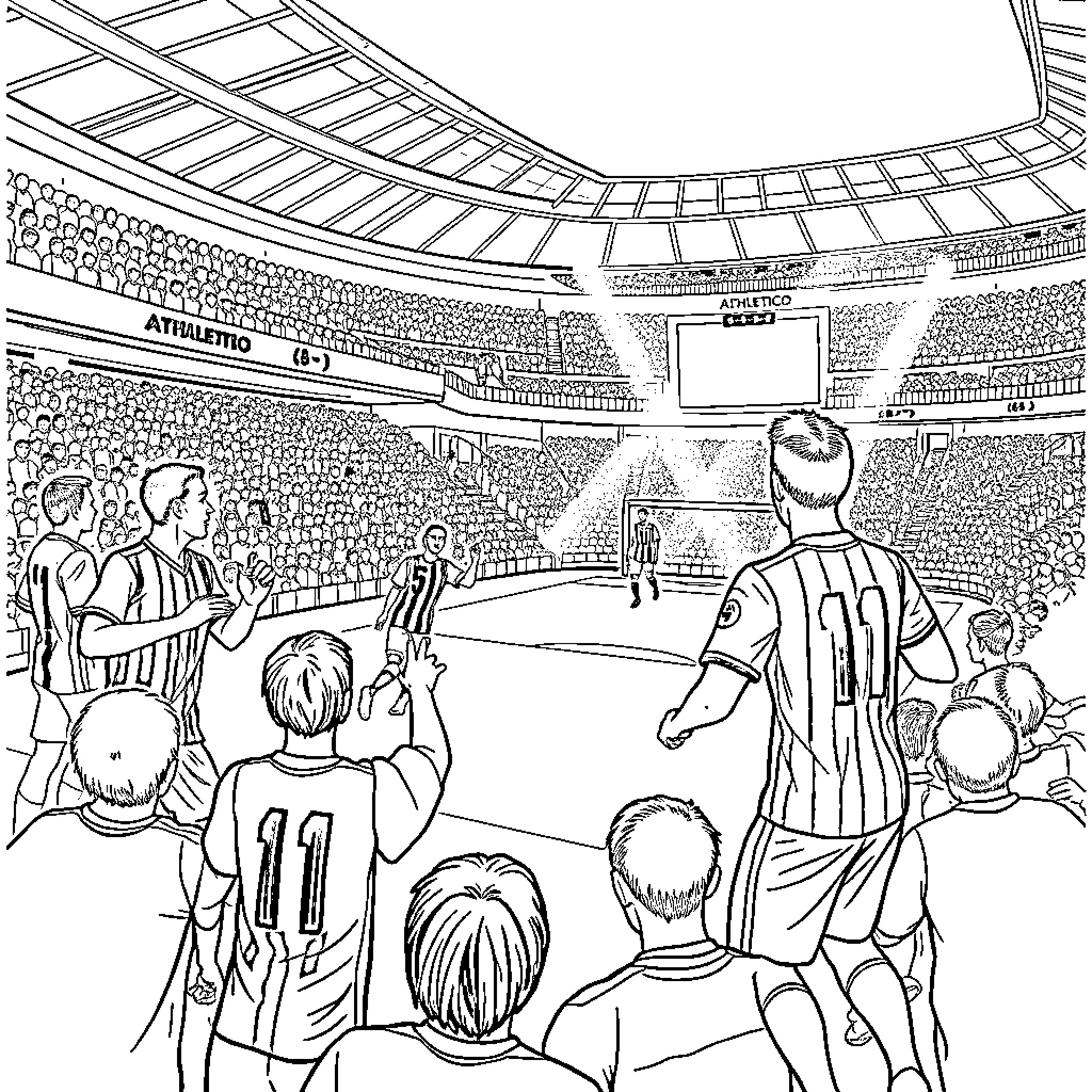Athletico Madrid fans cheering at the stadium Coloring Page (free black-and-white line drawing printable PDF for all, from beginners to advanced learners, including children, teens, adults, and seniors)