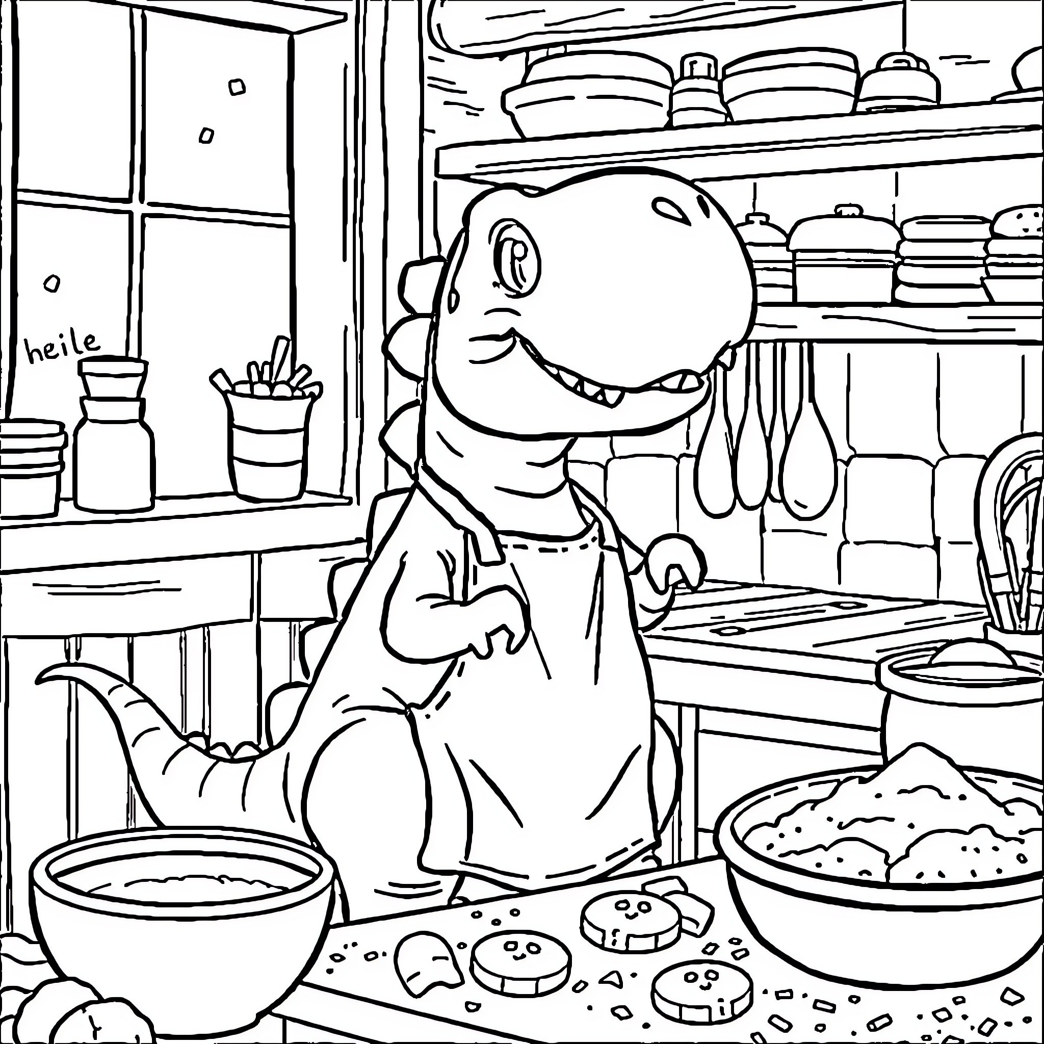 Dinosaur chef preparing food in the kitchen Coloring Page (free black-and-white line drawing printable PDF for all, from beginners to advanced learners, including children, teens, adults, and seniors)