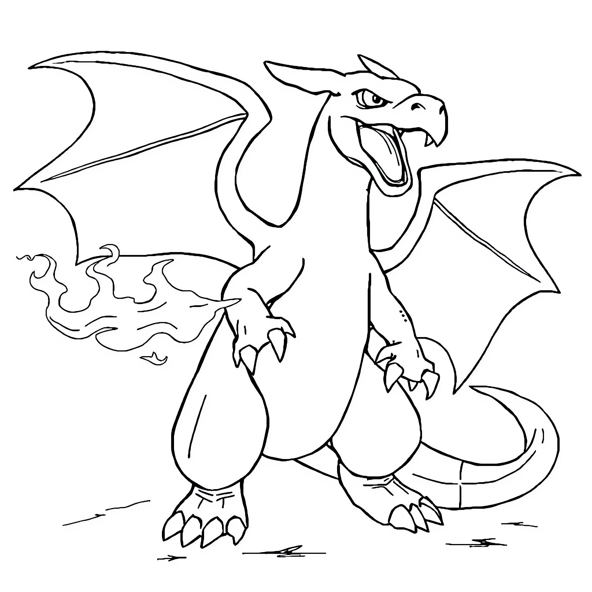 Charizard breathing fiery breath in action Coloring Page (free black-and-white line drawing printable PDF for all, from beginners to advanced learners, including children, teens, adults, and seniors)