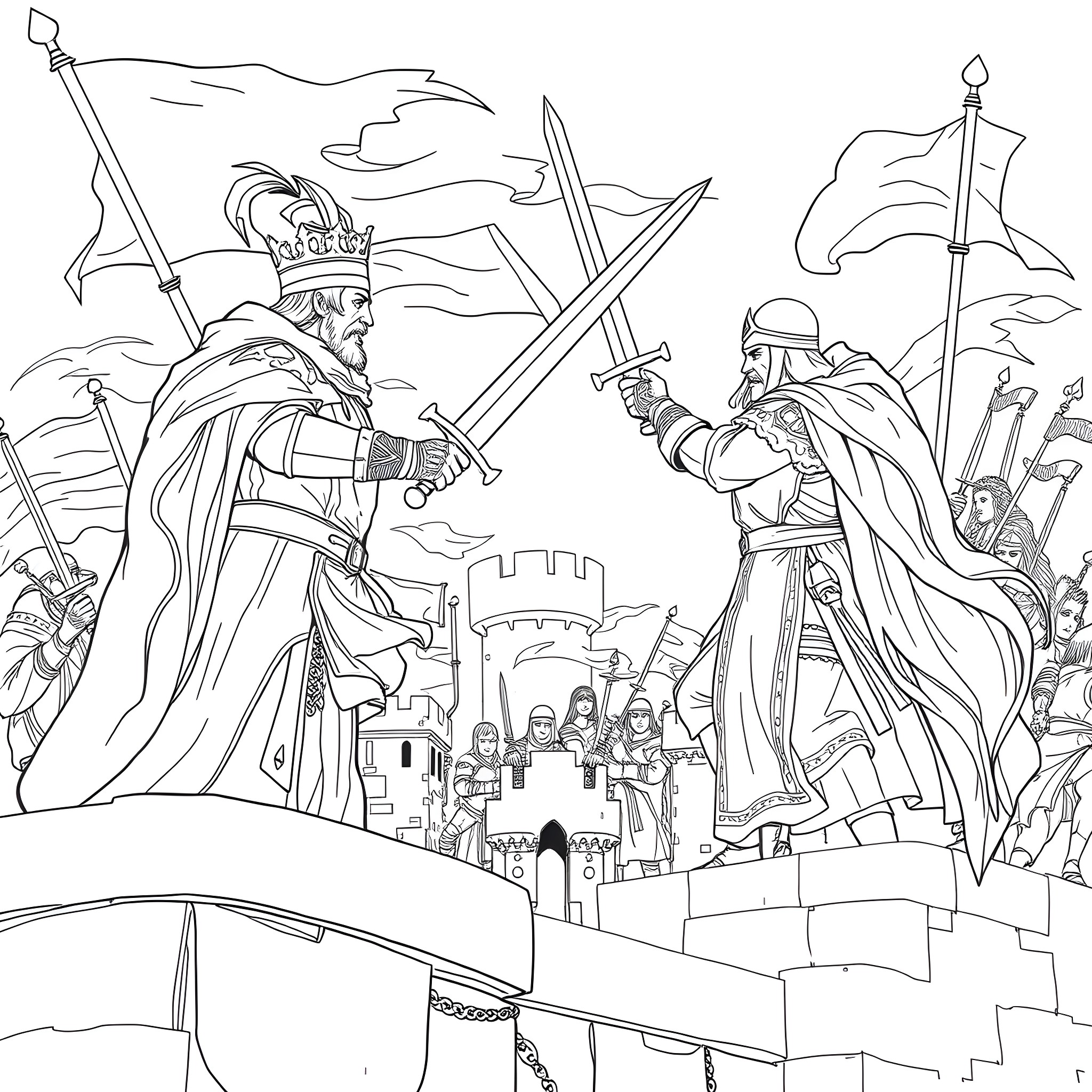 King's Victorious Battle at the Castle Coloring Page (free black-and-white line drawing printable PDF for all, from beginners to advanced learners, including children, teens, adults, and seniors)