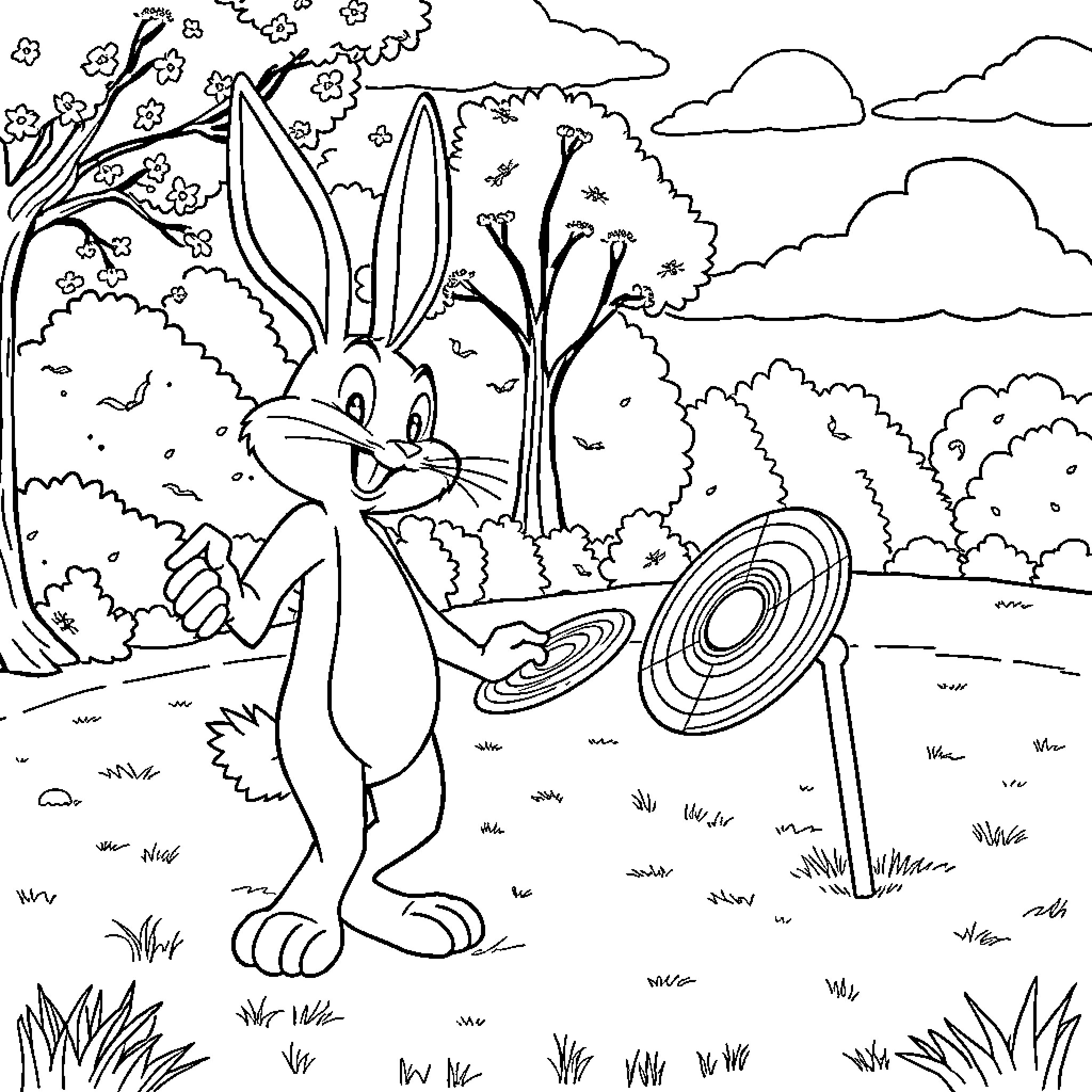 Bugs Bunny playing with a hula hoop in a forest Coloring Page (free black-and-white line drawing printable PDF for all, from beginners to advanced learners, including children, teens, adults, and seniors)