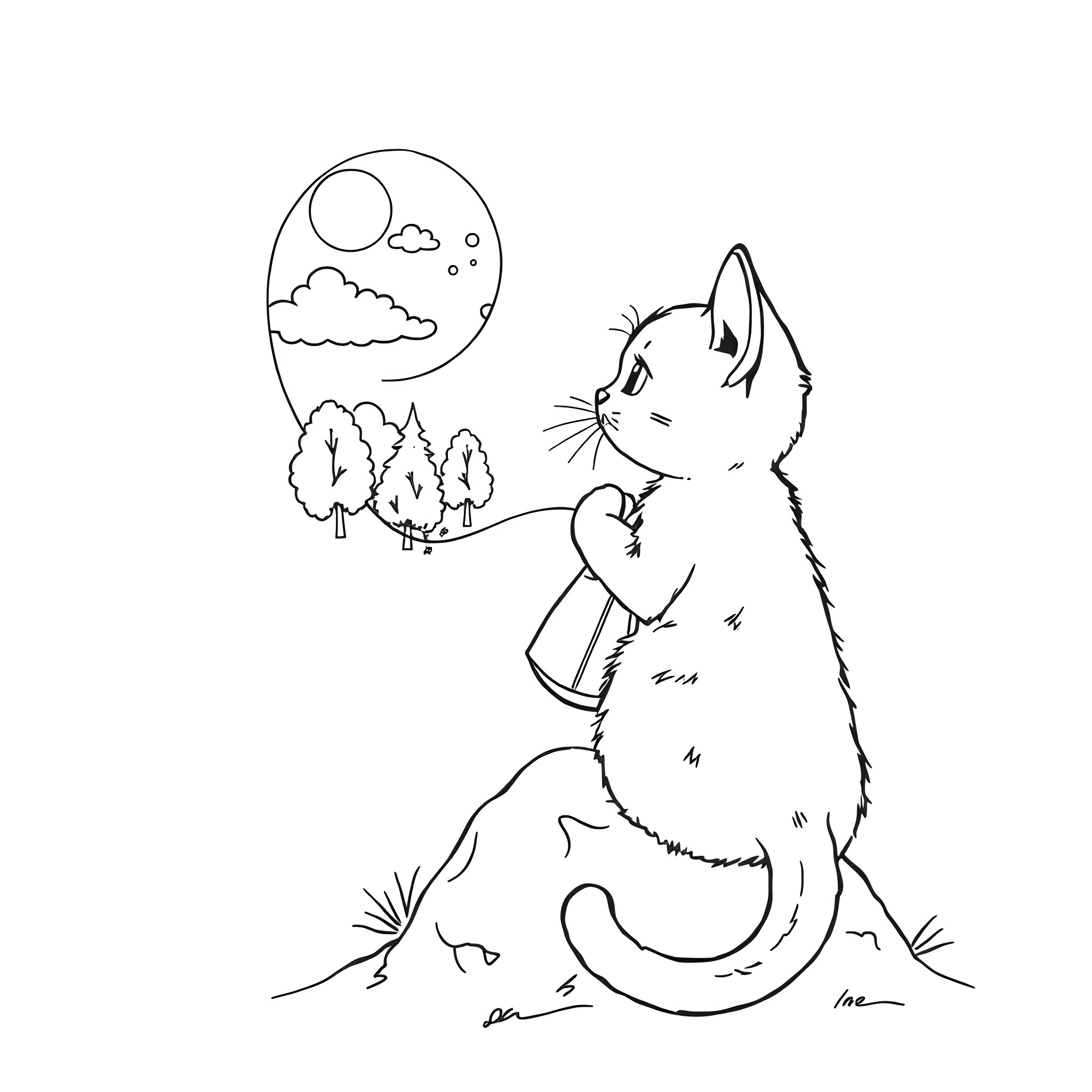 Kitten admiring the moon and nature Coloring Page (free black-and-white line drawing printable PDF for all, from beginners to advanced learners, including children, teens, adults, and seniors)