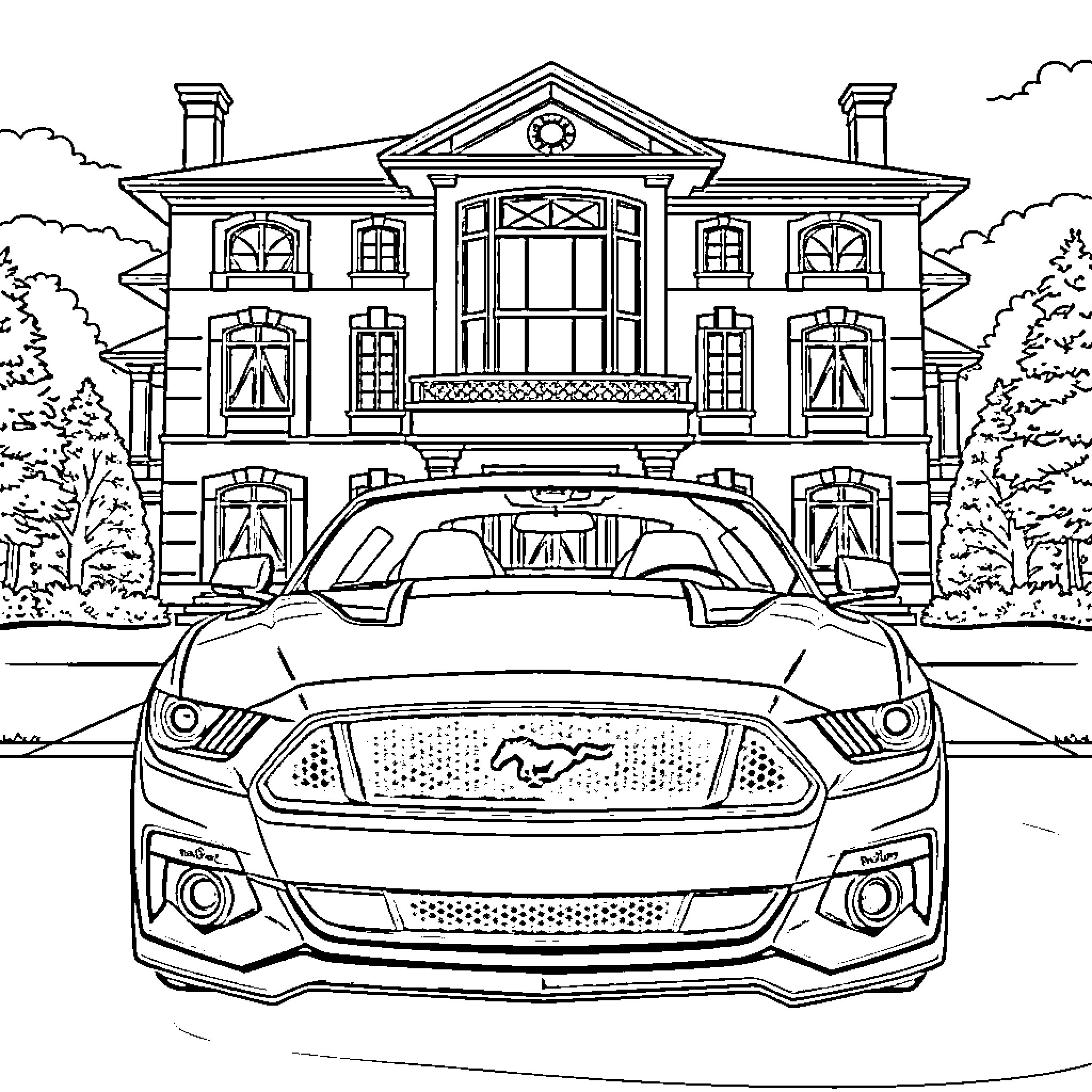 Mustang sports car parked in front of elegant mansion Coloring Page (free black-and-white line drawing printable PDF for all, from beginners to advanced learners, including children, teens, adults, and seniors)