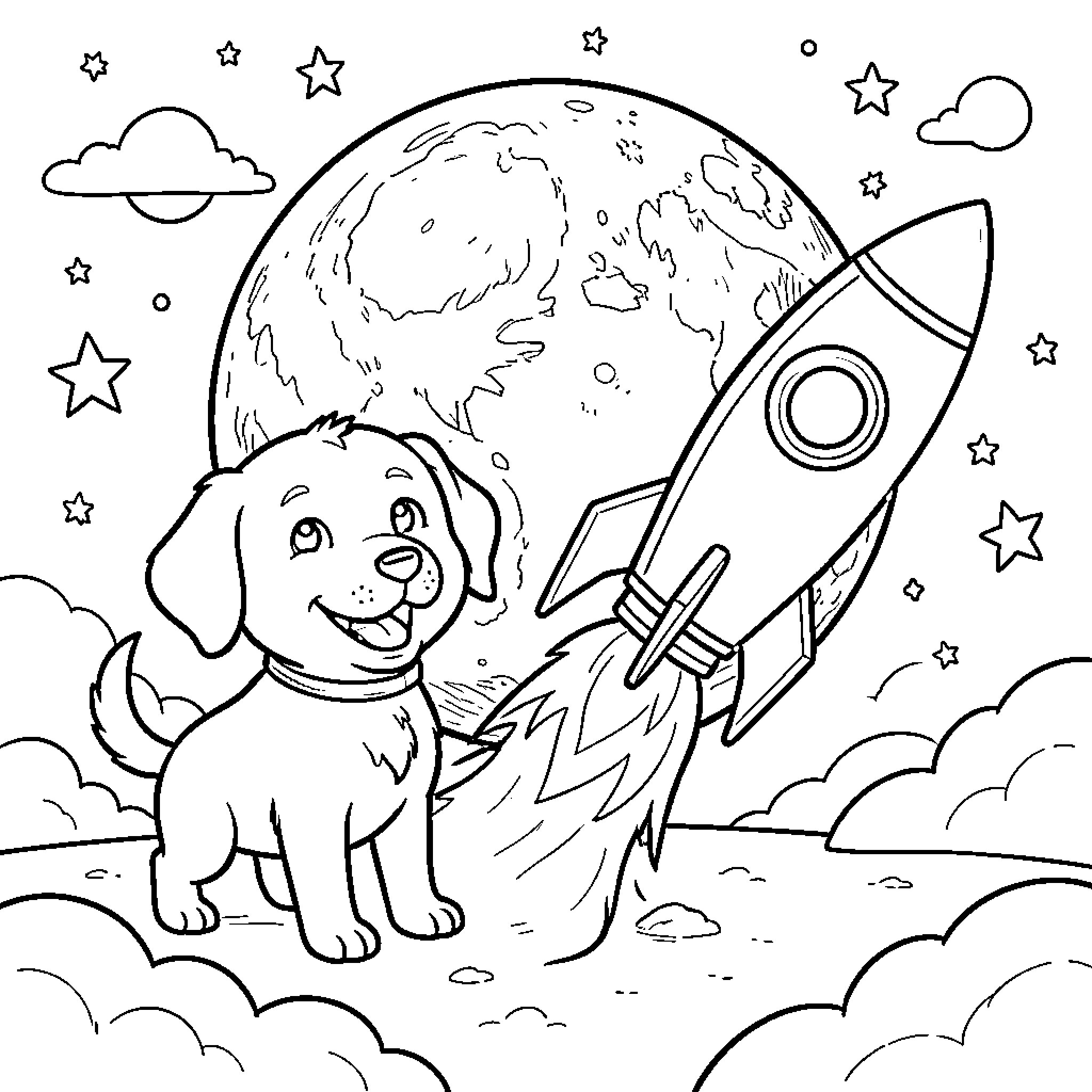 Dog exploring outer space with rocket Coloring Page (free black-and-white line drawing printable PDF for all, from beginners to advanced learners, including children, teens, adults, and seniors)