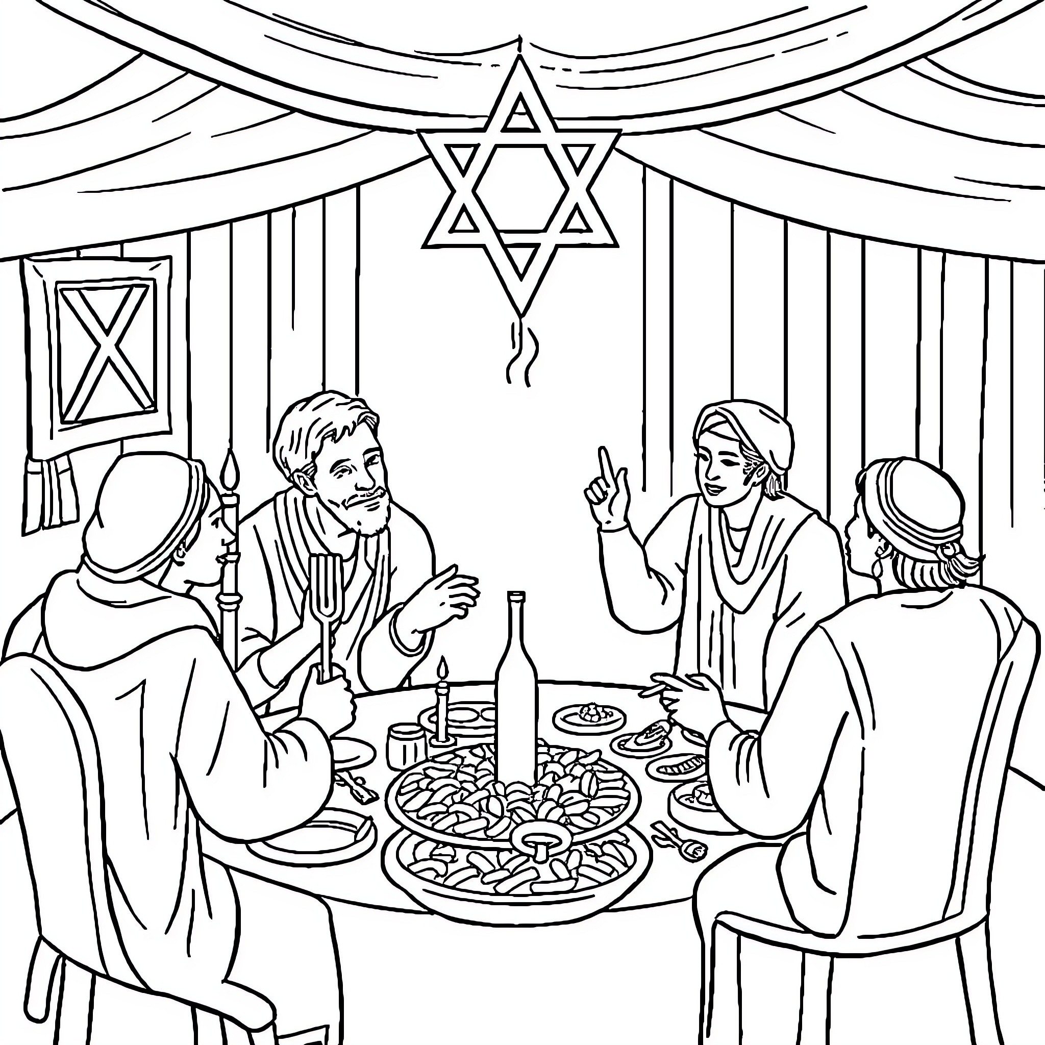 Rosh Hashana celebration with family and friends Coloring Page (free black-and-white line drawing printable PDF for all, from beginners to advanced learners, including children, teens, adults, and seniors)