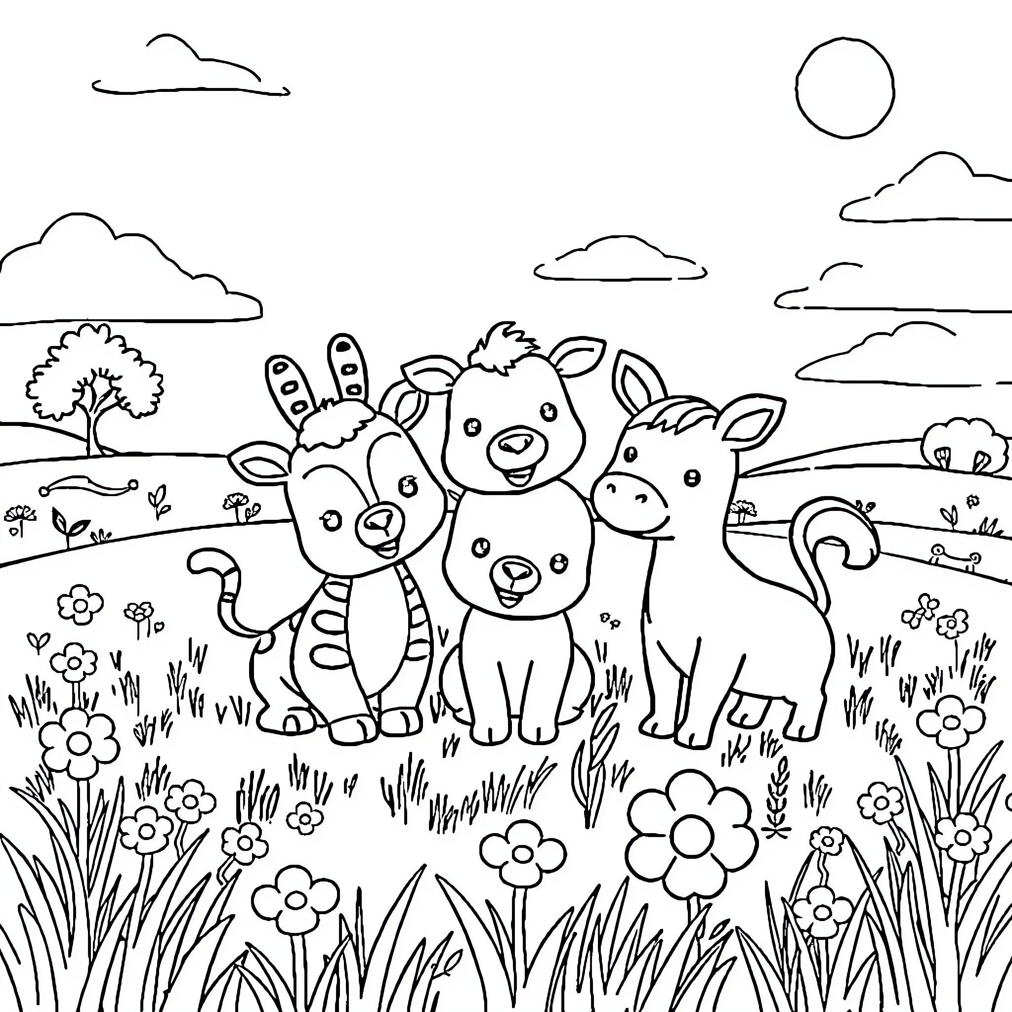 Animal friends playing in a colorful meadow Coloring Page (free black-and-white line drawing printable PDF for all, from beginners to advanced learners, including children, teens, adults, and seniors)