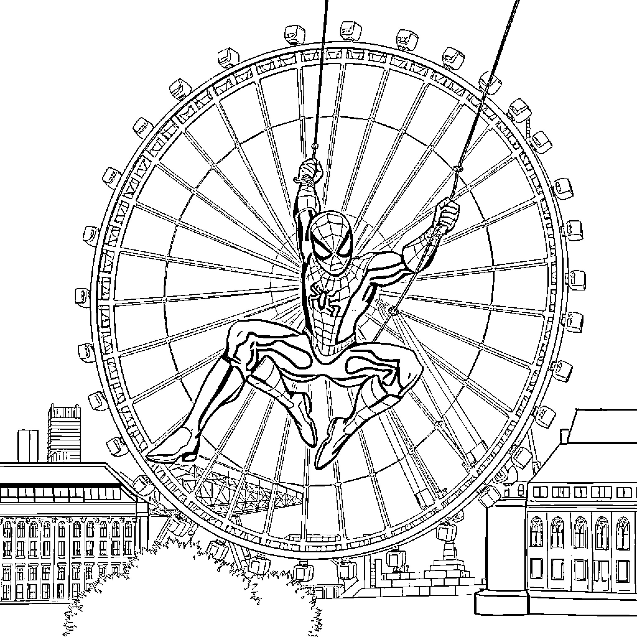 Spiderman swinging through the city on a ferris wheel Coloring Page (free black-and-white line drawing printable PDF for all, from beginners to advanced learners, including children, teens, adults, and seniors)