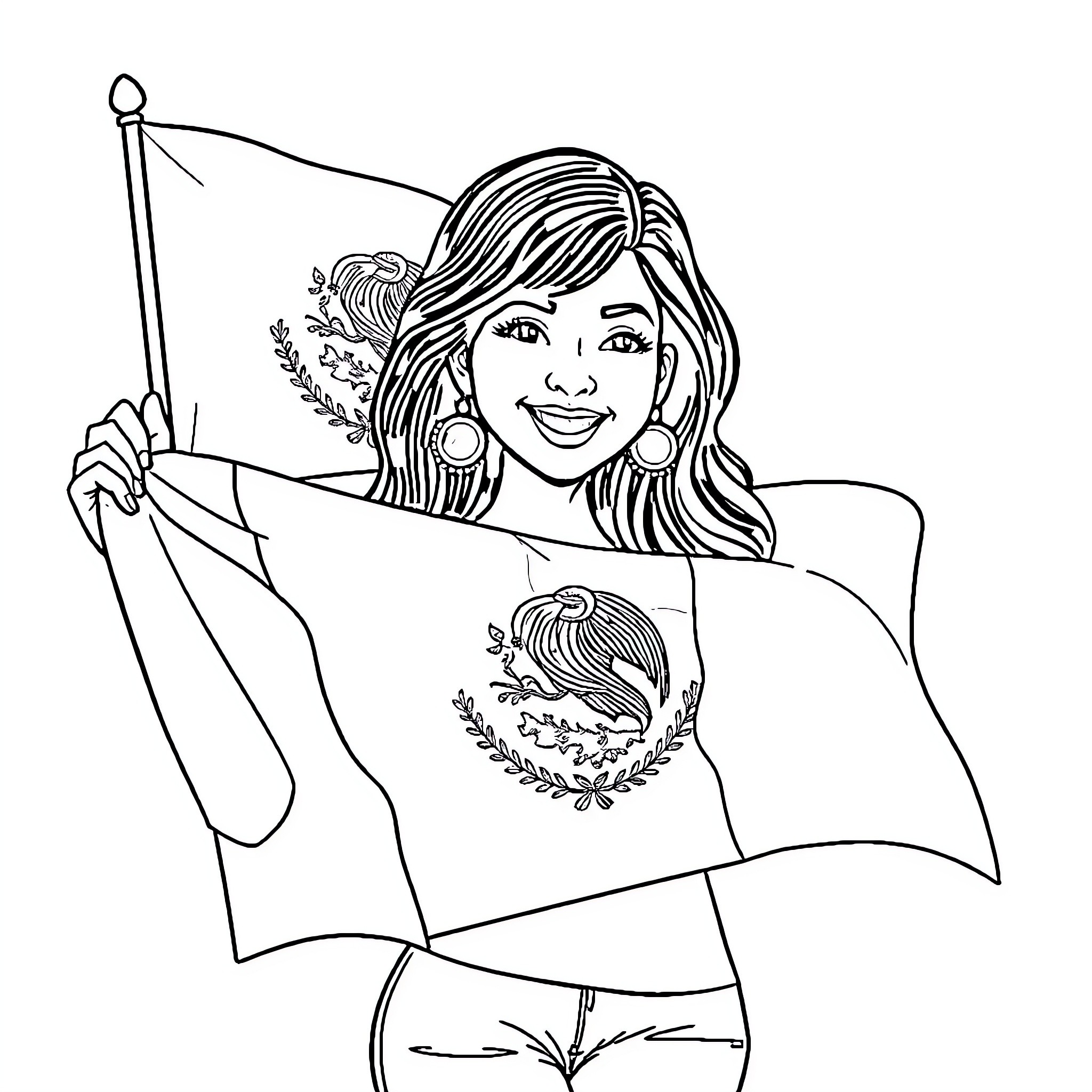 Melanie Martinez waving Mexican flag with joy Coloring Page (free black-and-white line drawing printable PDF for all, from beginners to advanced learners, including children, teens, adults, and seniors)