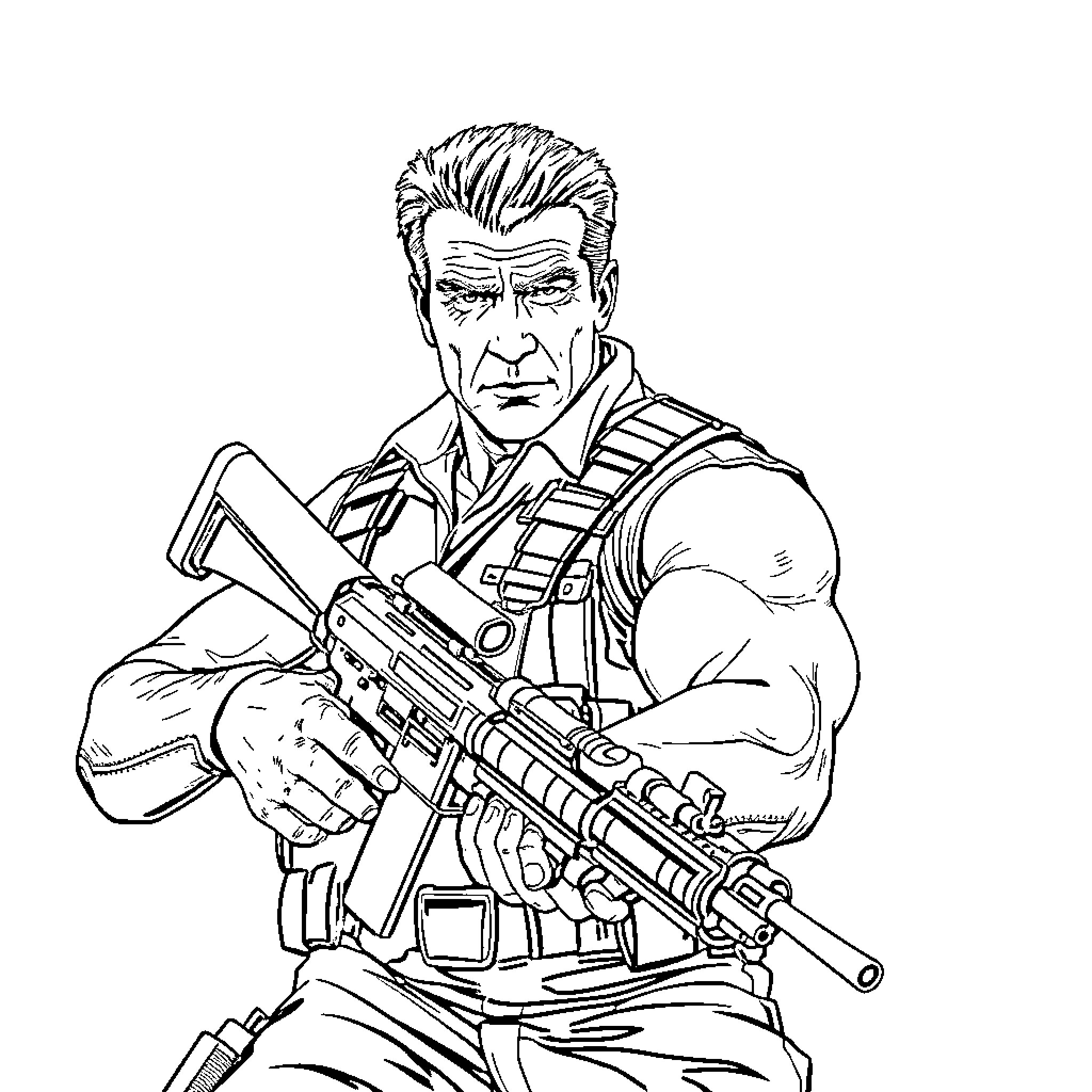 Arnold Schwarzenegger in action hero pose with weapon Coloring Page (free black-and-white line drawing printable PDF for all, from beginners to advanced learners, including children, teens, adults, and seniors)