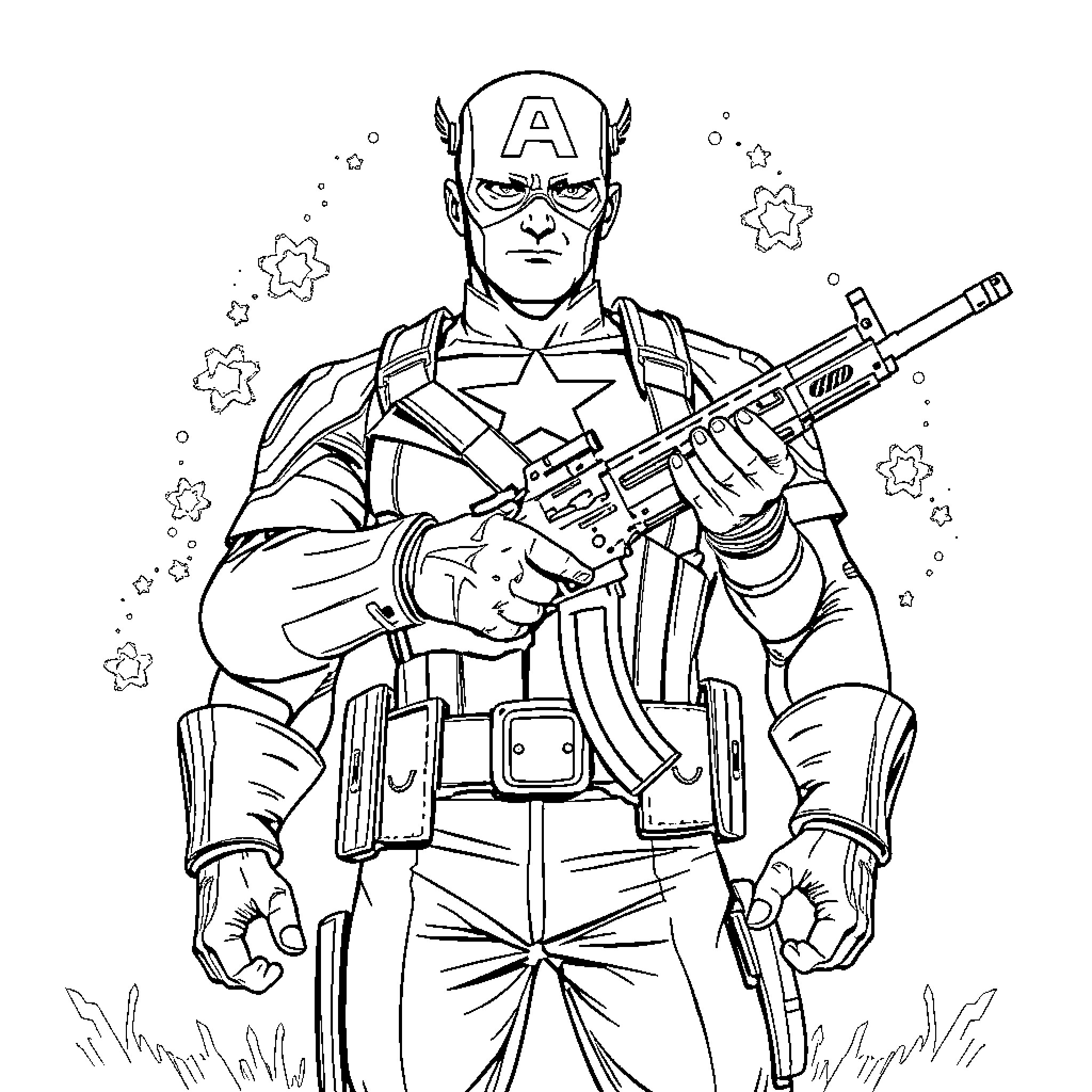 Captain America Wielding Weapons and Standing Tall Coloring Page (free black-and-white line drawing printable PDF for all, from beginners to advanced learners, including children, teens, adults, and seniors)
