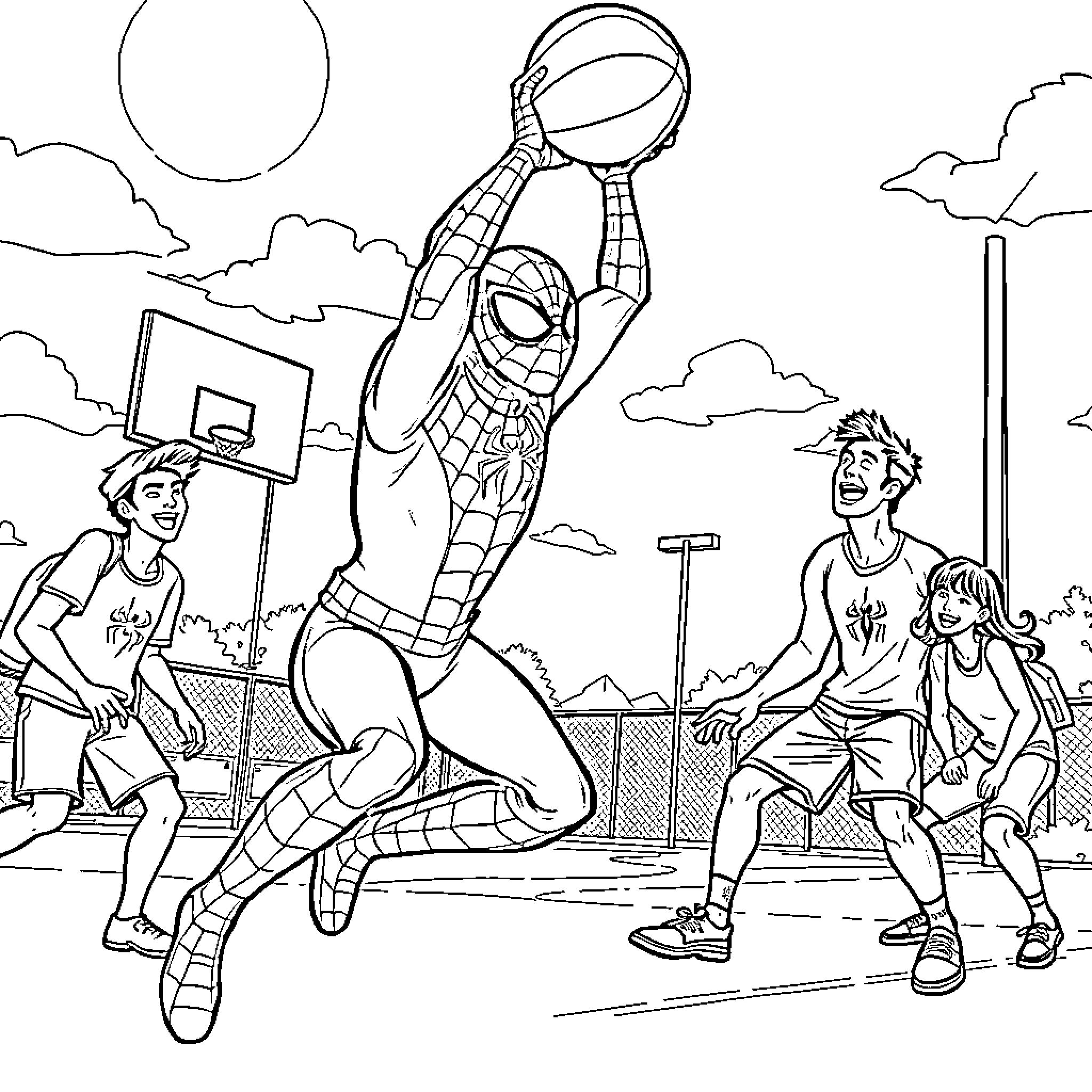 Spider-Man playing basketball with friends Coloring Page (free black-and-white line drawing printable PDF for all, from beginners to advanced learners, including children, teens, adults, and seniors)