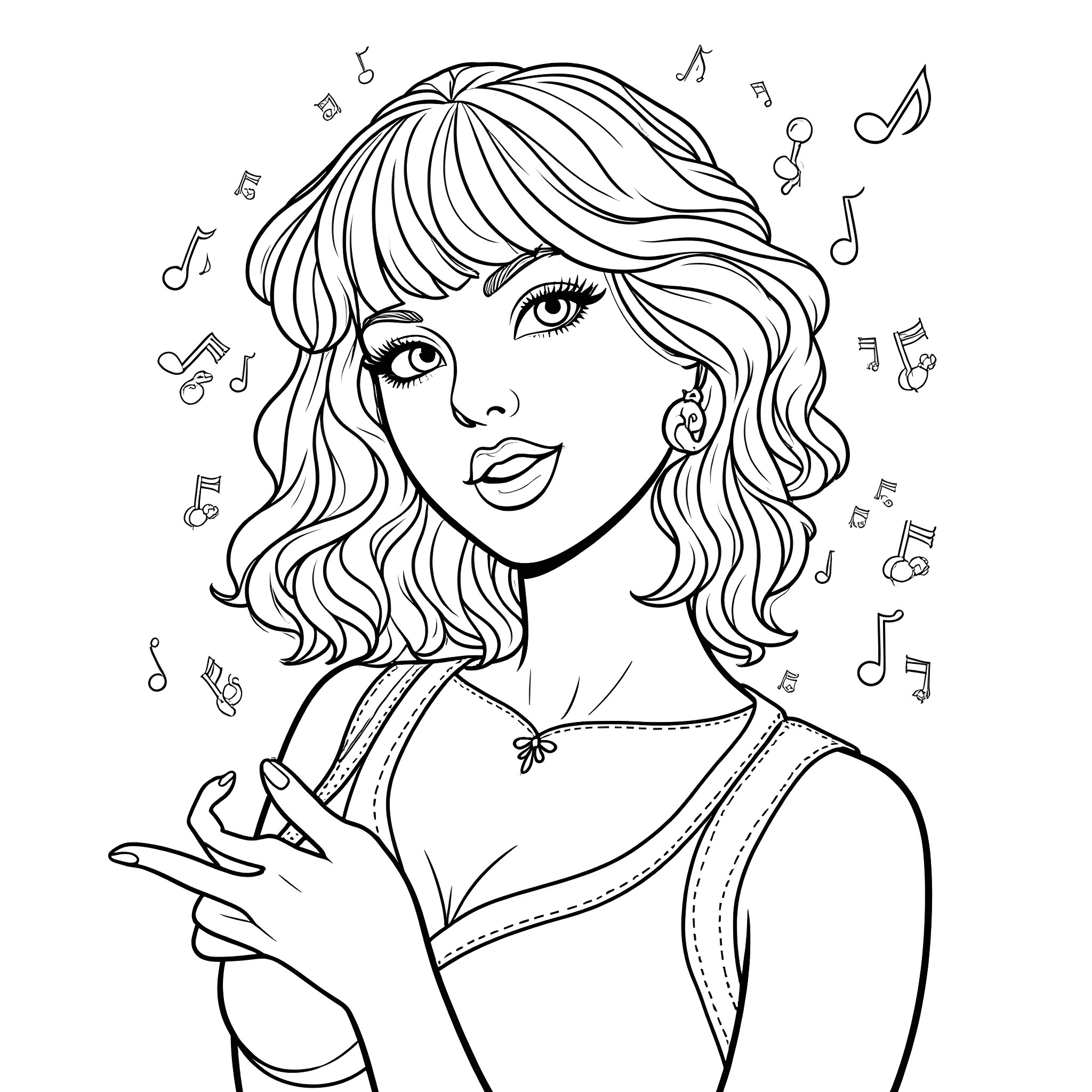 Snake Dancer Performing with Musical Notes Coloring Page (free black-and-white line drawing printable PDF for all, from beginners to advanced learners, including children, teens, adults, and seniors)