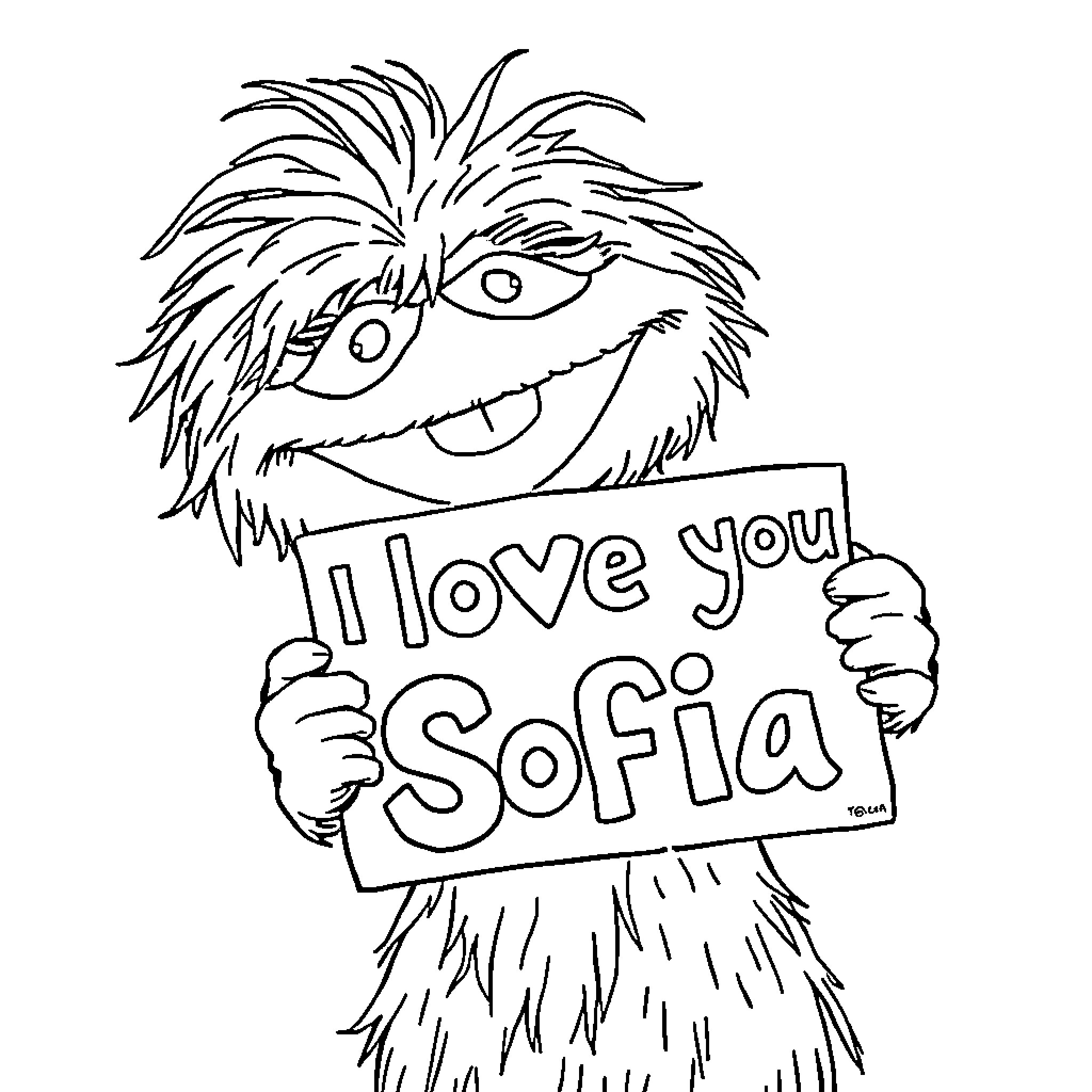 Oscar the Grouch professes his love for Sofia Coloring Page (free black-and-white line drawing printable PDF for all, from beginners to advanced learners, including children, teens, adults, and seniors)