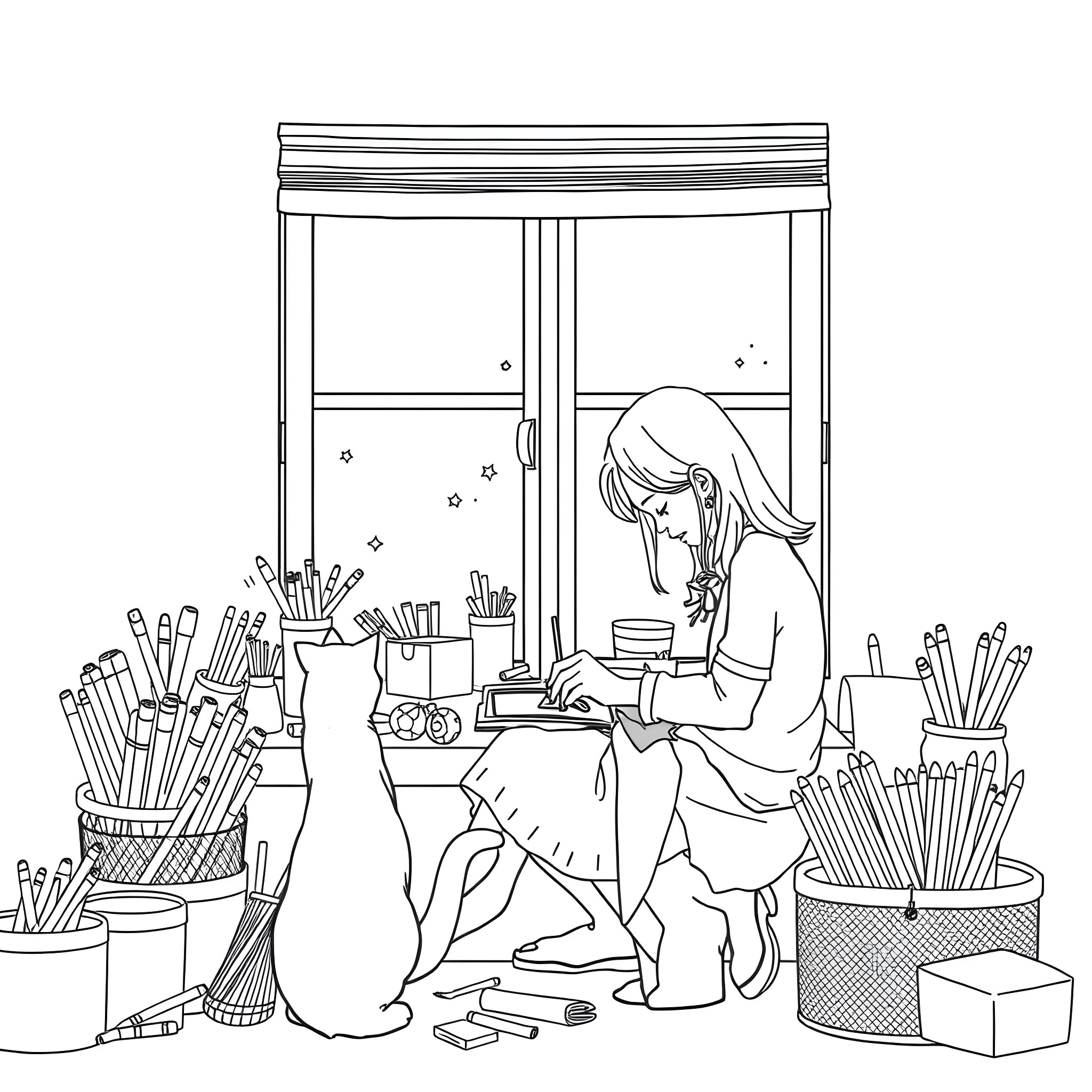 Girl working intently in art studio Coloring Page (free black-and-white line drawing printable PDF for all, from beginners to advanced learners, including children, teens, adults, and seniors)