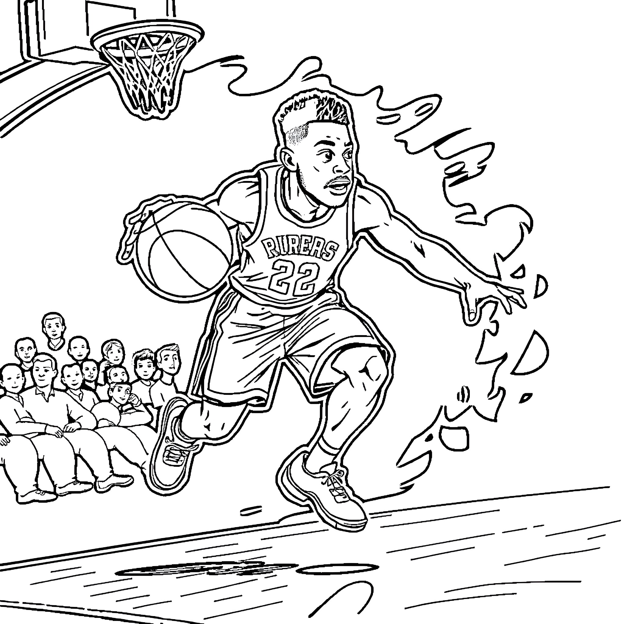 Labubu's Slam Dunk Showdown Coloring Page (free black-and-white line drawing printable PDF for all, from beginners to advanced learners, including children, teens, adults, and seniors)