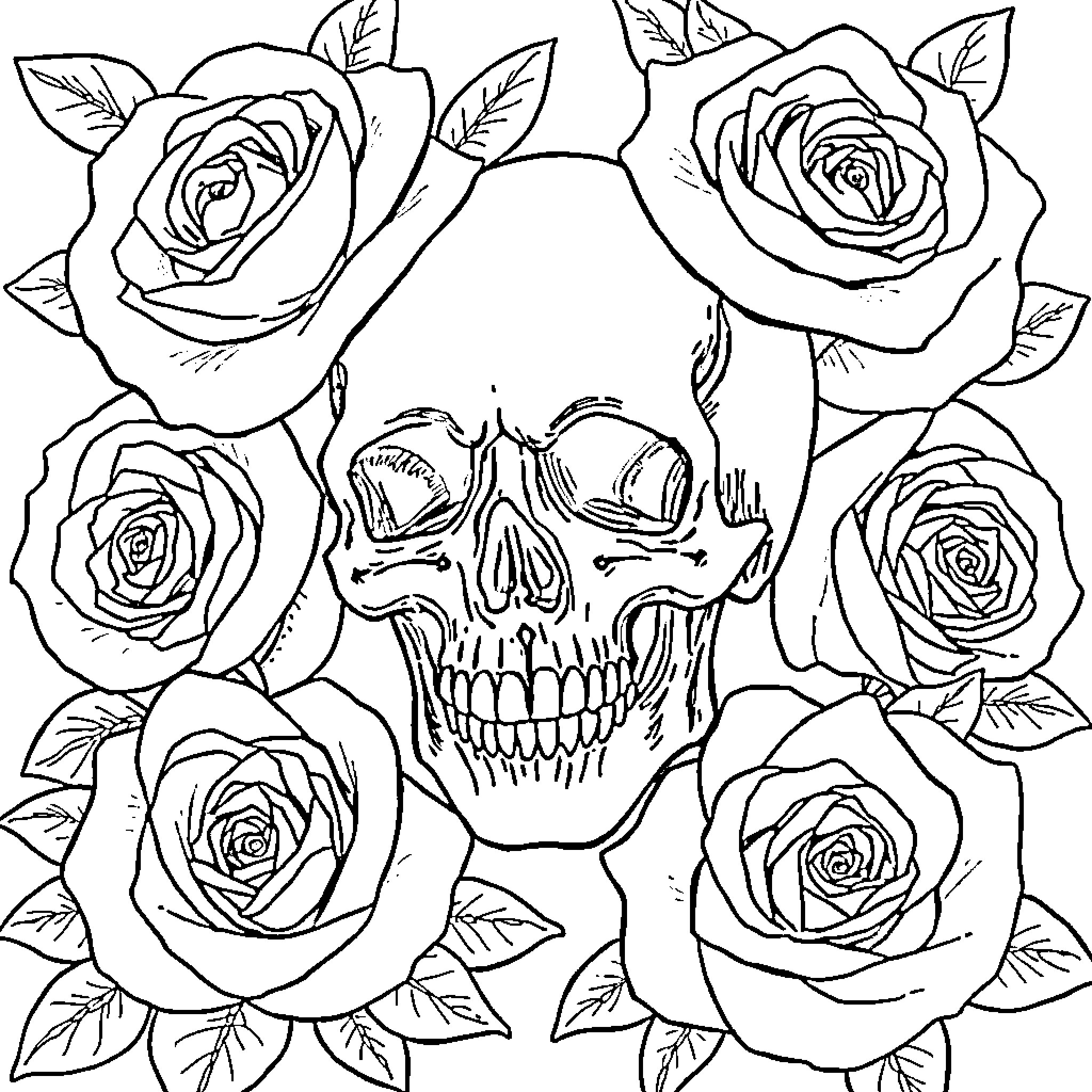 Skull surrounded by roses Coloring Page (free black-and-white line drawing printable PDF for all, from beginners to advanced learners, including children, teens, adults, and seniors)