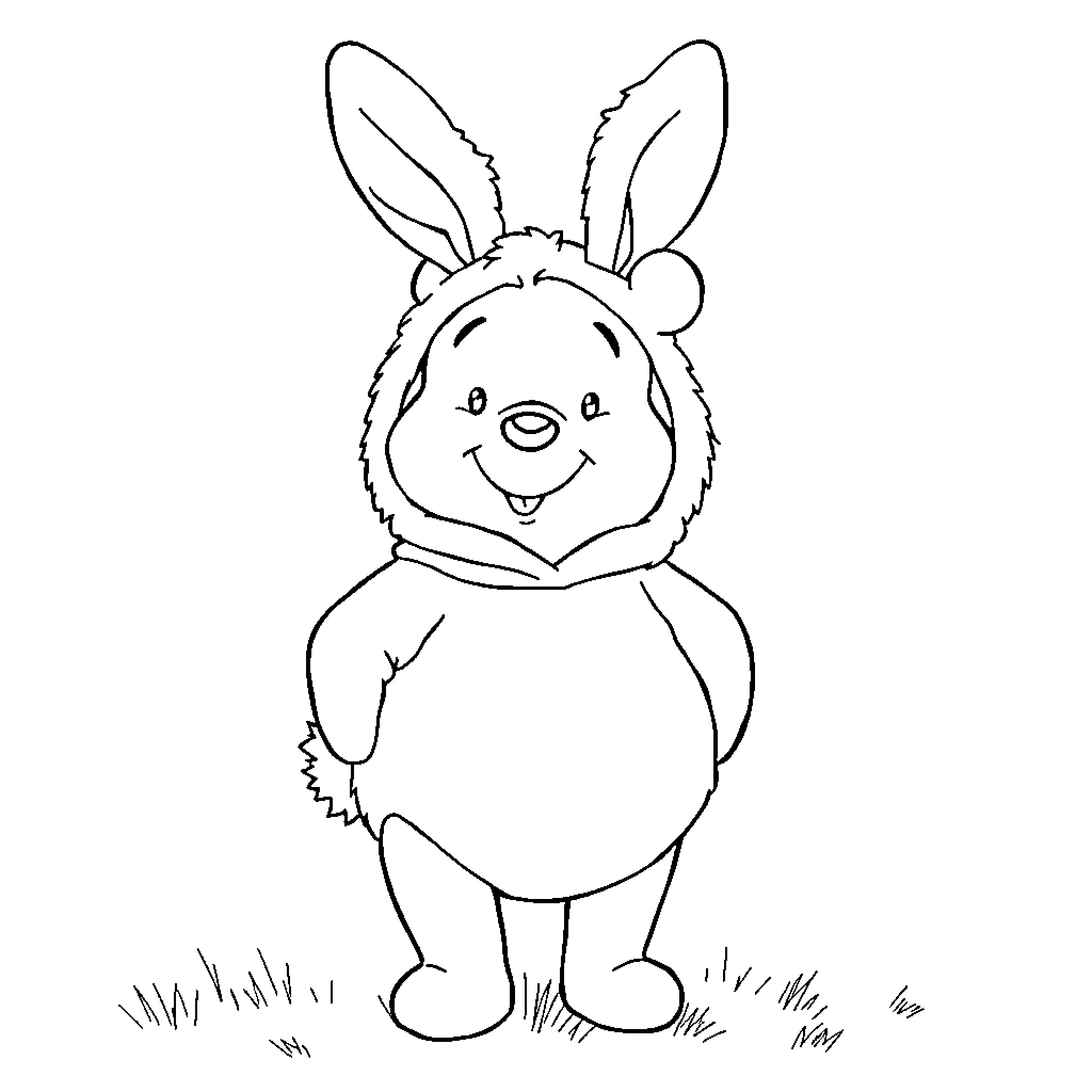 Winnie The Pooh bunny costume playing in field Coloring Page (free black-and-white line drawing printable PDF for all, from beginners to advanced learners, including children, teens, adults, and seniors)