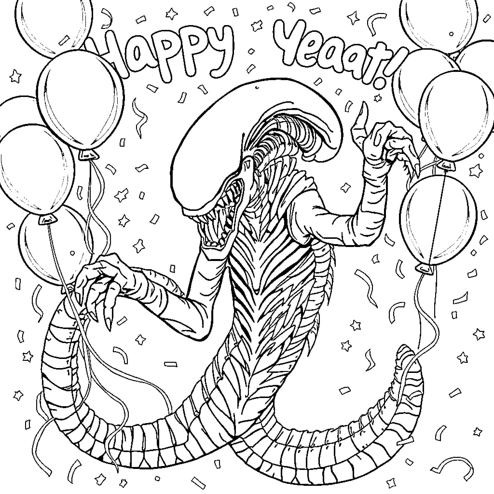 Xenomorph celebrating New Year's Coloring Page (free black-and-white line drawing printable PDF for all, from beginners to advanced learners, including children, teens, adults, and seniors)