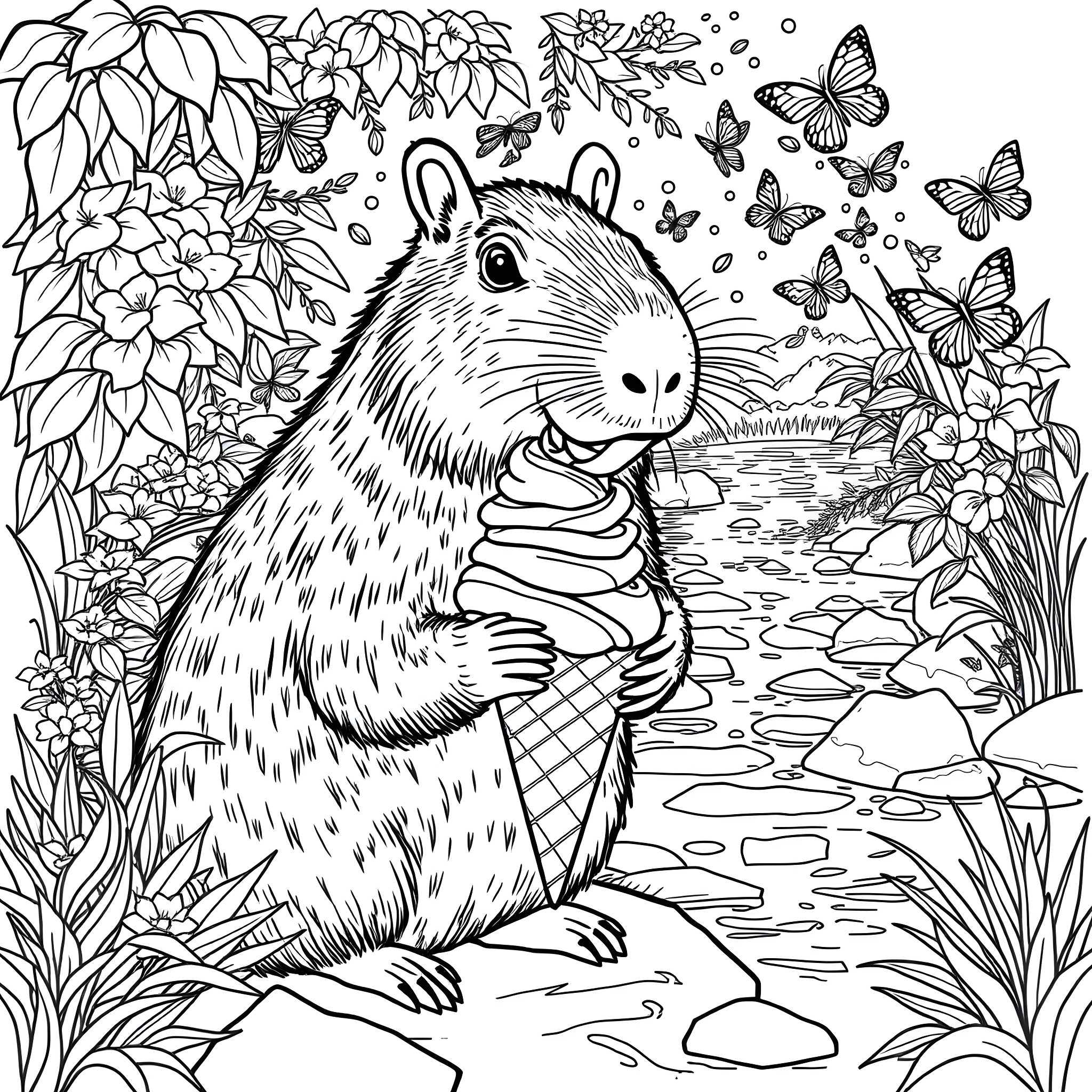 Capybara surrounded by nature and butterflies Coloring Page (free black-and-white line drawing printable PDF for all, from beginners to advanced learners, including children, teens, adults, and seniors)