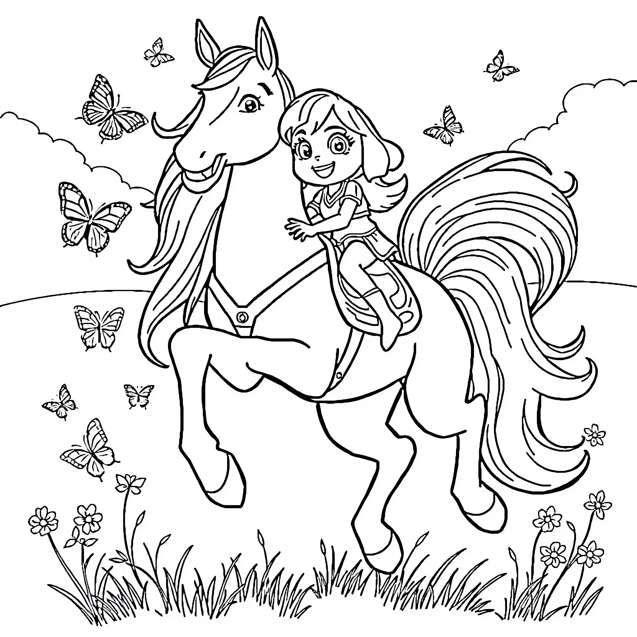 Horse and girl riding through butterfly meadow Coloring Page (free black-and-white line drawing printable PDF for all, from beginners to advanced learners, including children, teens, adults, and seniors)