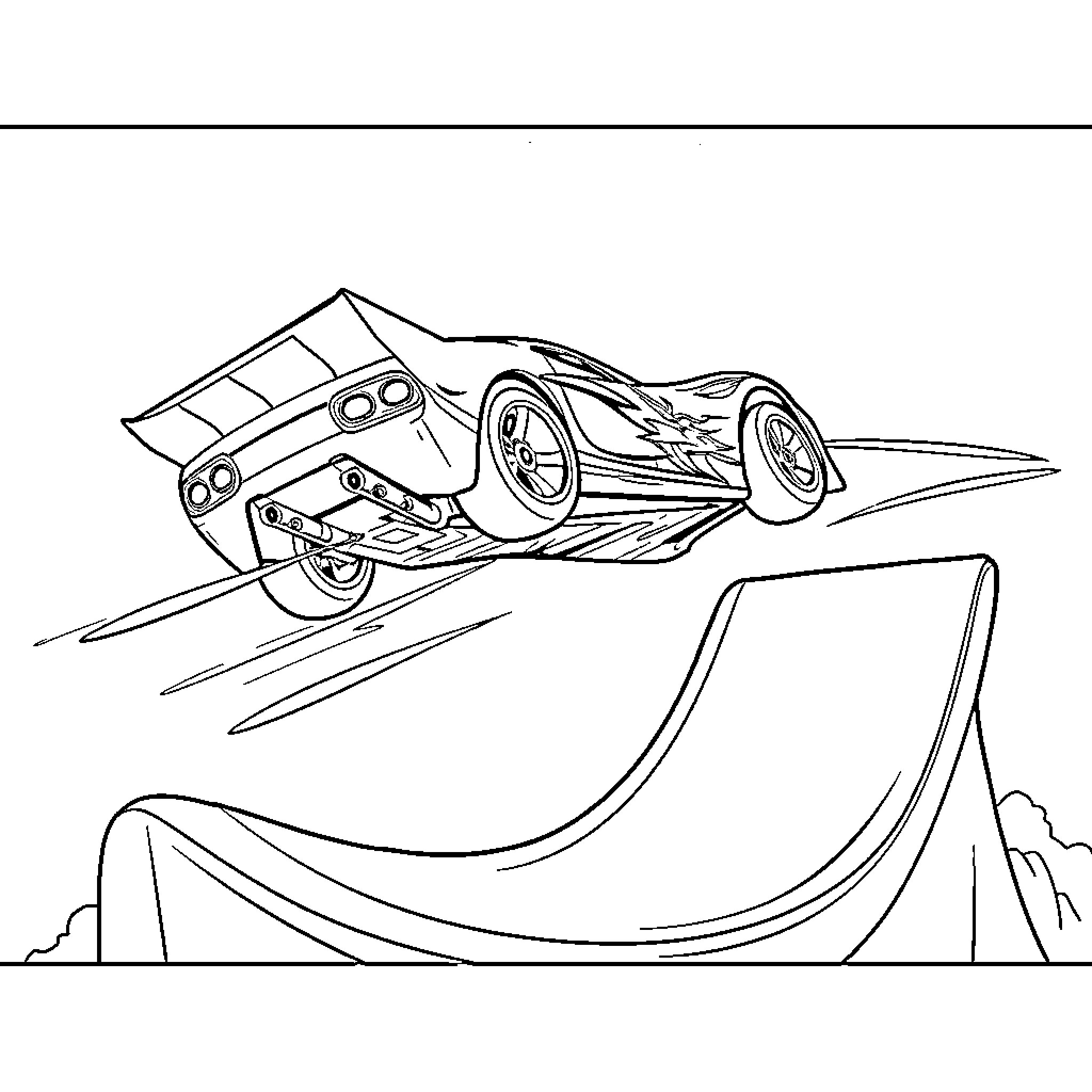 Hot Wheels Car speeding through ramp Coloring Page (free black-and-white line drawing printable PDF for all, from beginners to advanced learners, including children, teens, adults, and seniors)