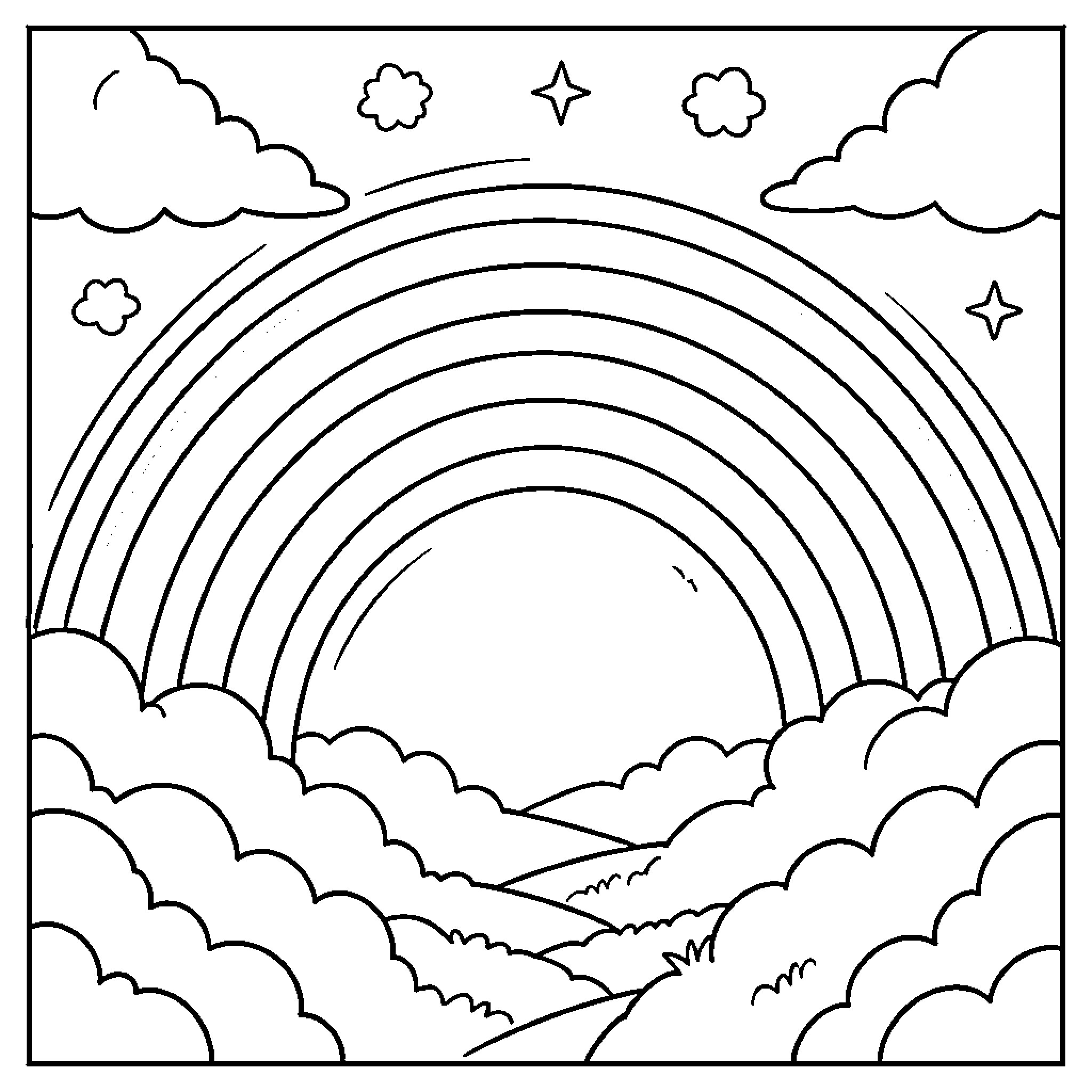 Rainbow over the Serene Landscape Coloring Page (free black-and-white line drawing printable PDF for all, from beginners to advanced learners, including children, teens, adults, and seniors)