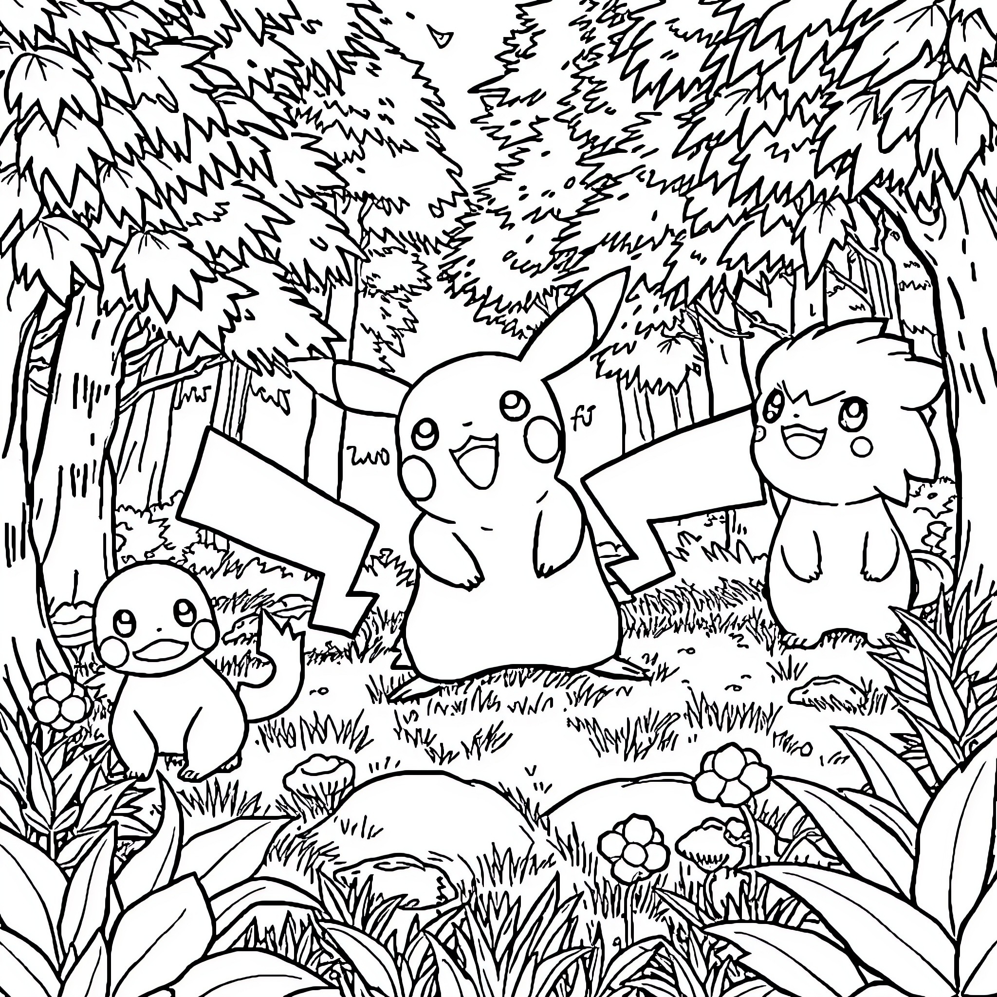 Pikachu and friends playing in the forest Coloring Page (free black-and-white line drawing printable PDF for all, from beginners to advanced learners, including children, teens, adults, and seniors)