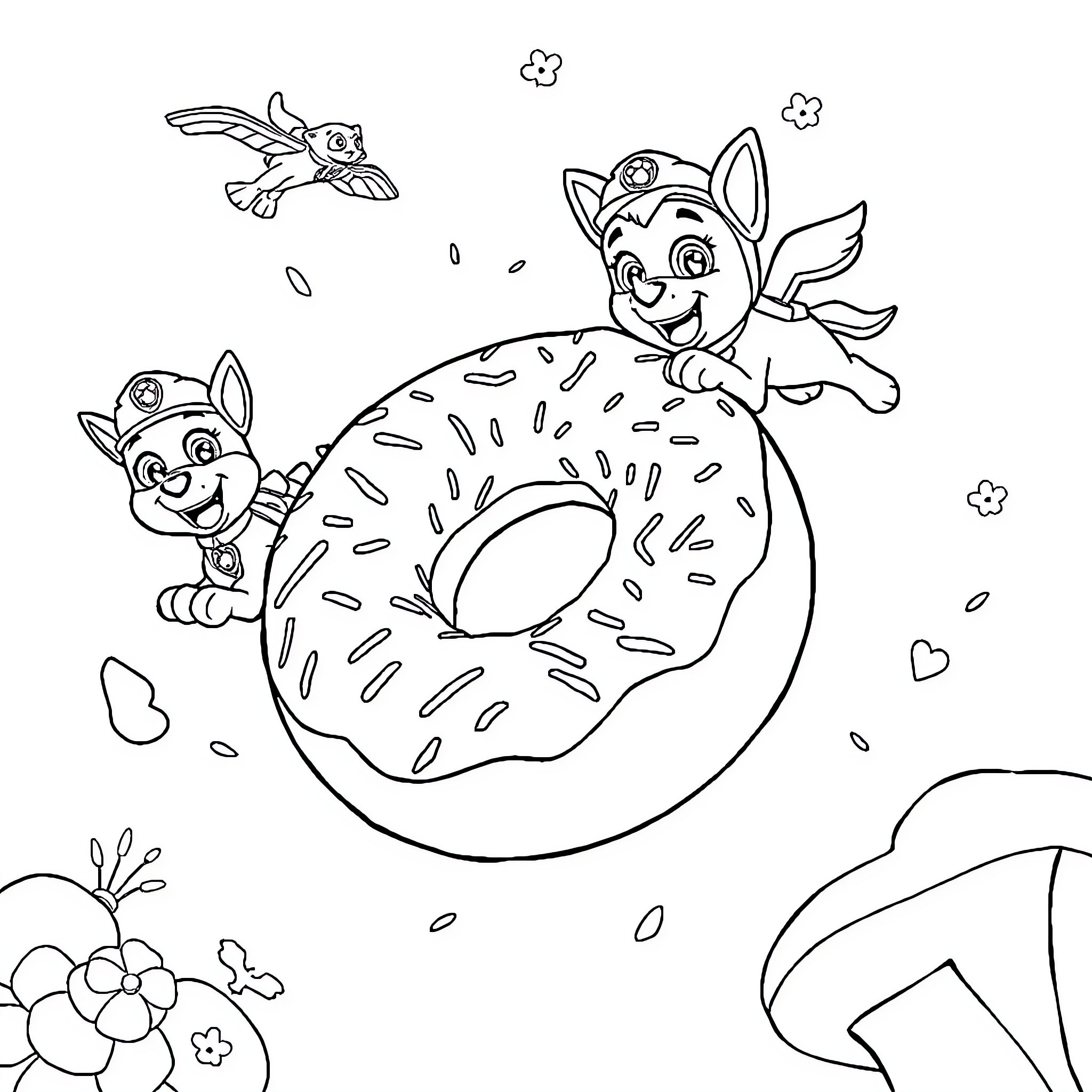 Donut Delight: Playful Pups and Buzzing Bees Coloring Page (free black-and-white line drawing printable PDF for all, from beginners to advanced learners, including children, teens, adults, and seniors)