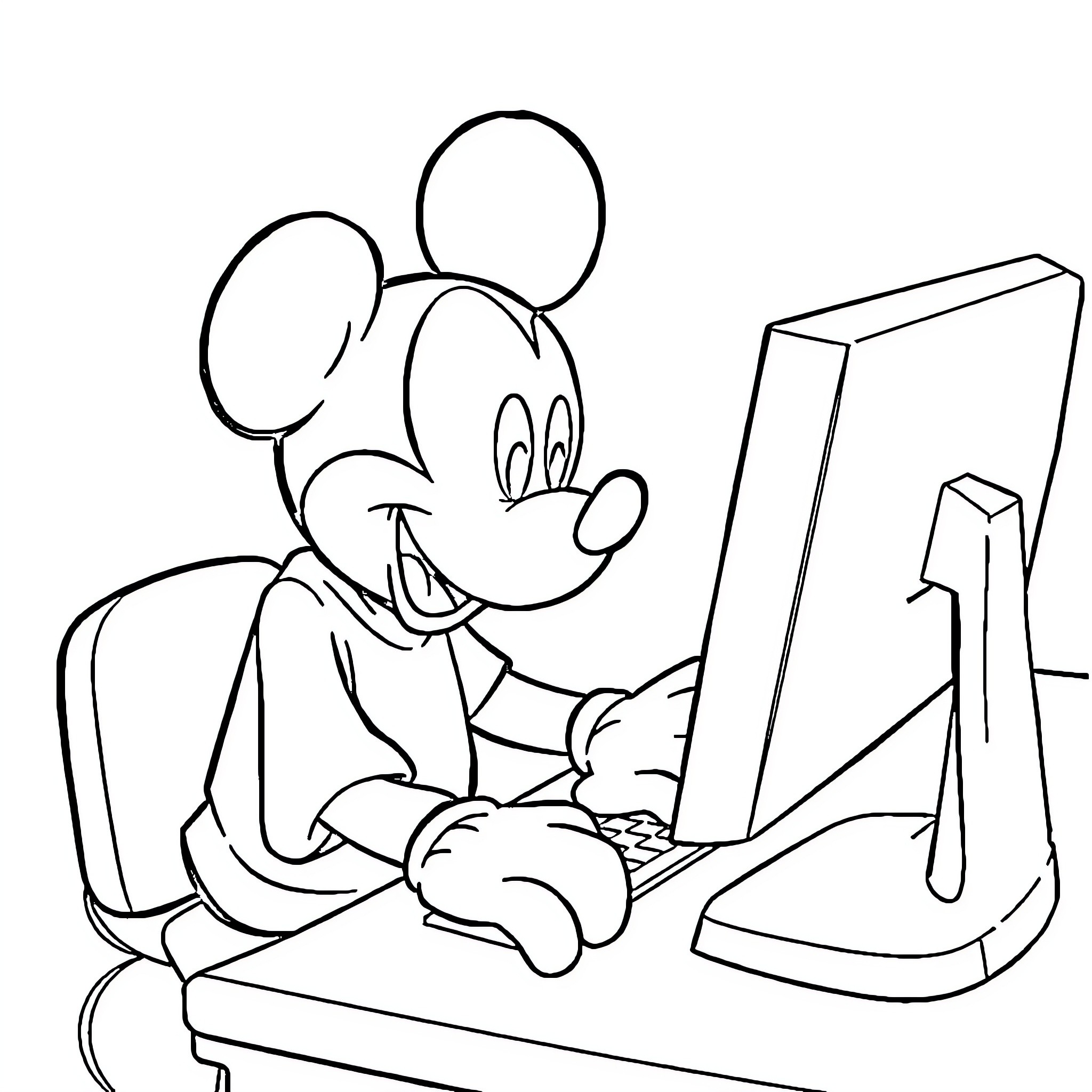 Mickey Mouse using a computer happily Coloring Page (free black-and-white line drawing printable PDF for all, from beginners to advanced learners, including children, teens, adults, and seniors)