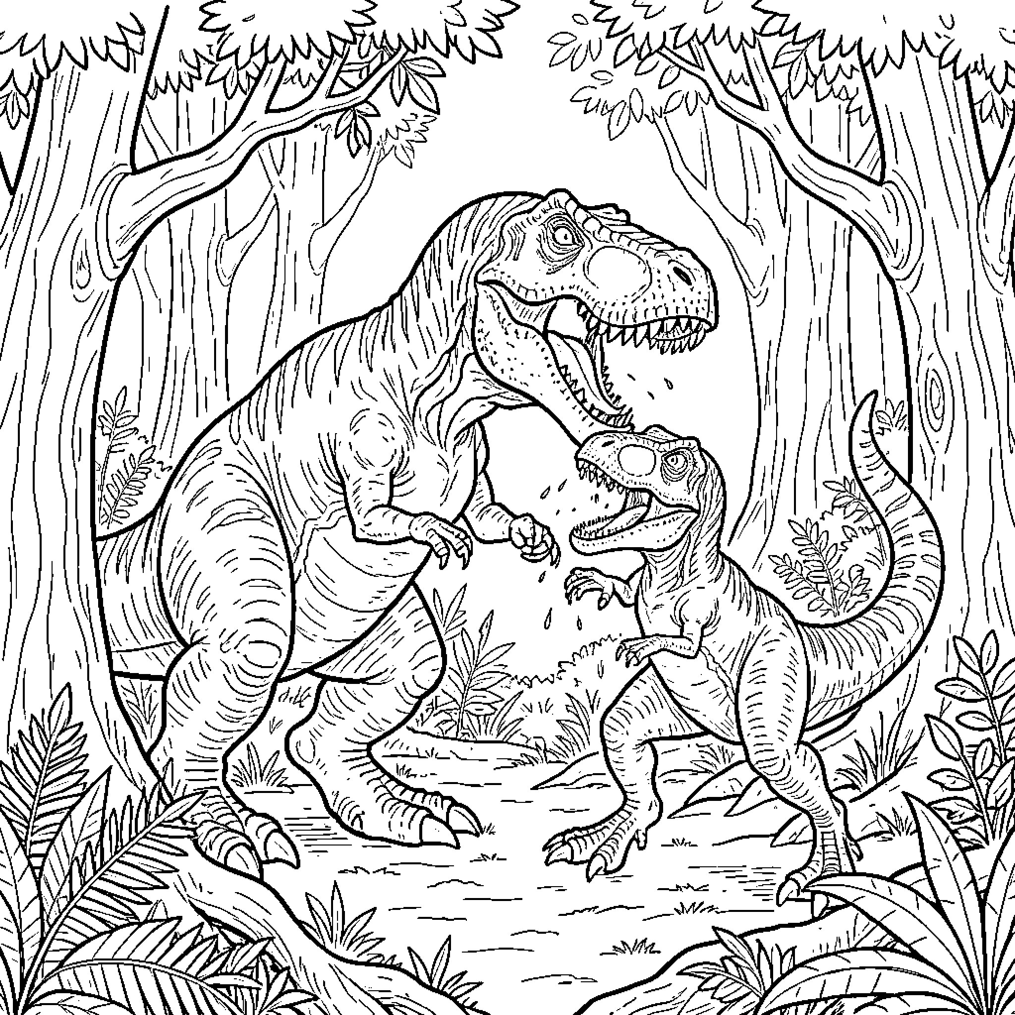 Tyrannosaurus interacting with a smaller dinosaur in the jungle Coloring Page (free black-and-white line drawing printable PDF for all, from beginners to advanced learners, including children, teens, adults, and seniors)