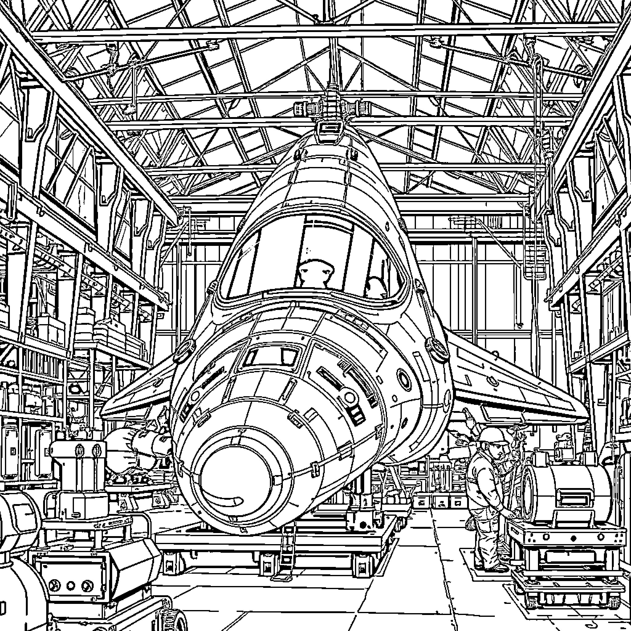 Spaceship under construction in workshop Coloring Page (free black-and-white line drawing printable PDF for all, from beginners to advanced learners, including children, teens, adults, and seniors)